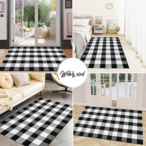 Miniatura 7 de YINMEIJU Buffalo - Alfombra a cuadros de 3 x 5 pies, color blanco y negro, tapete para puerta delantera, de algodón, lavable, para porche delantero,