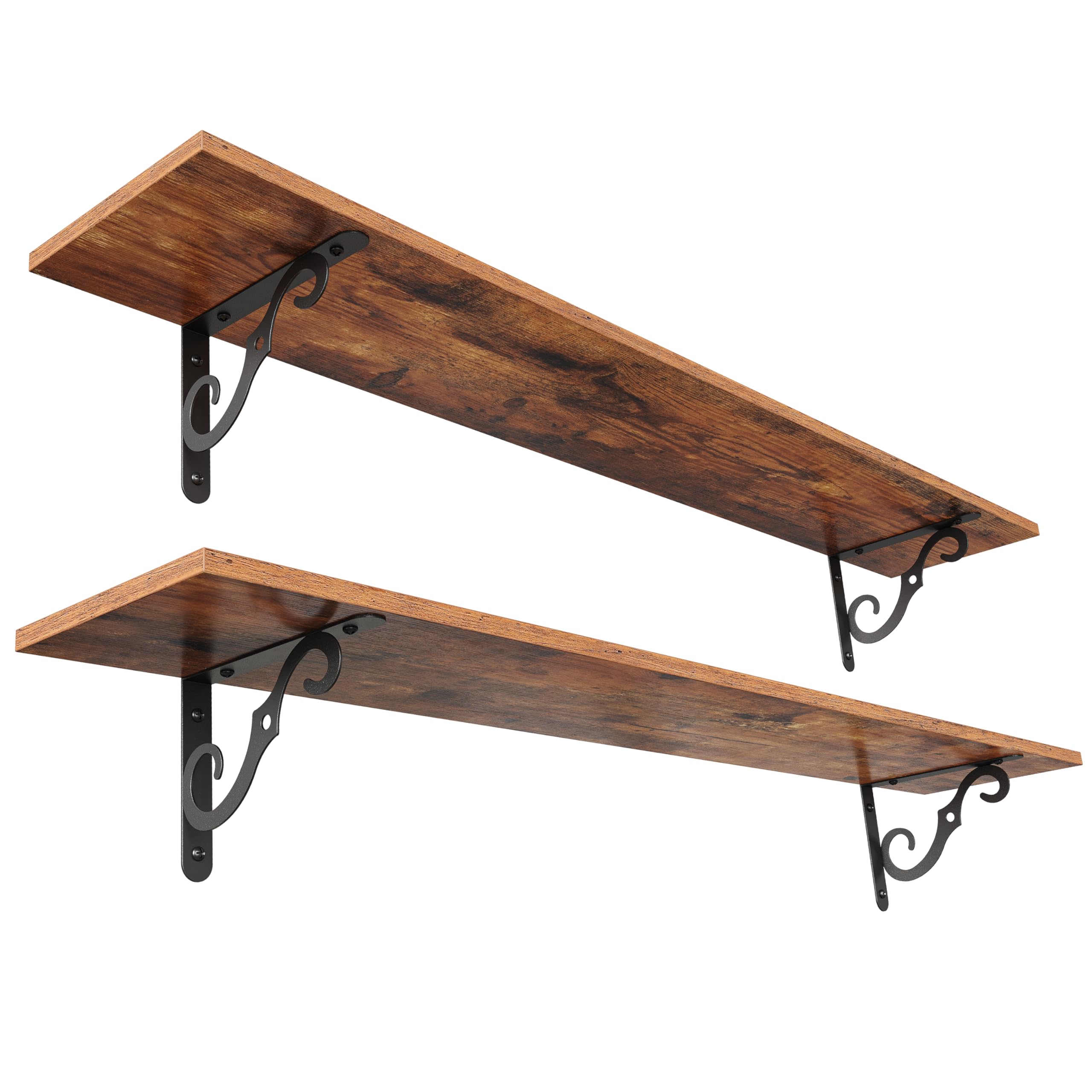 Floating Shelves, Long Wall Shelves Set of 2, 47.3 Inch Wall Mounted Shelves with Brackets for Bedroom, Living Room, Kitchen, Bathroom, Rustic Brown