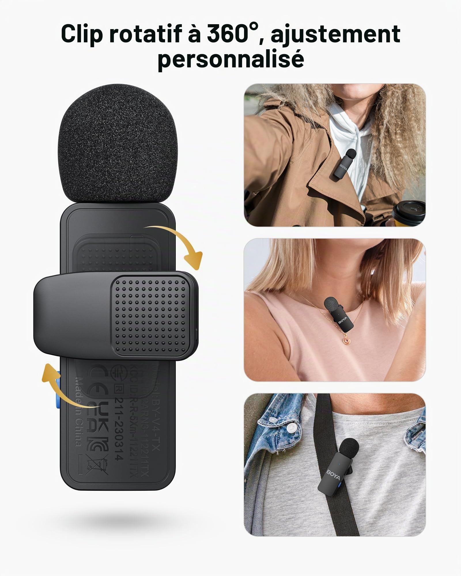 BOYA BY-V4U Micro Cravate sans Fil pour iPhone 15/16, Smartphone Android, Sortie Mono 4 Canaux, Mini Micro sans Fil USB-C, 48 KHz/16 Bit, Réduction du Bruit, Microphone pour l'enregistrement Vidéo