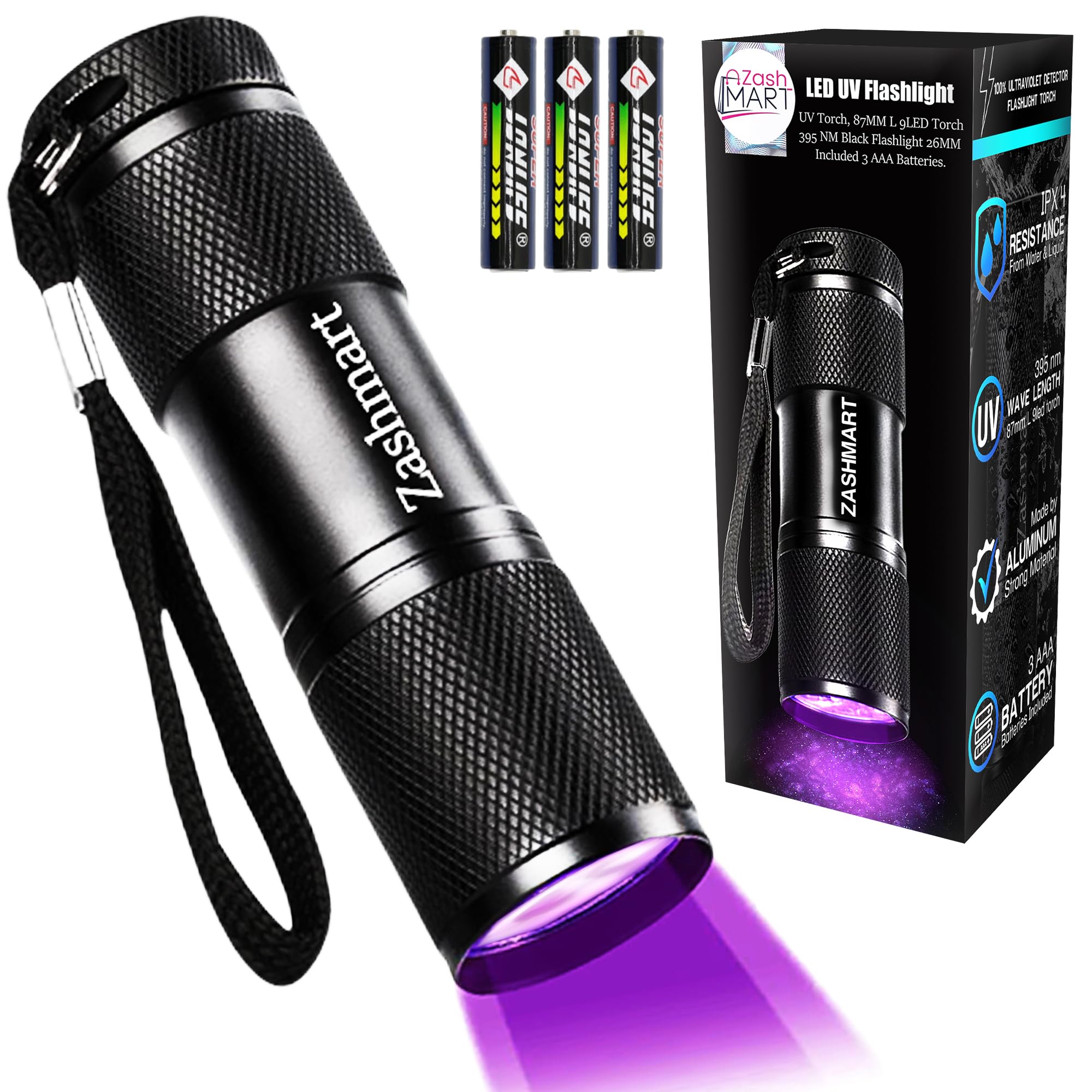 ZASHMART UV Torch Light for Pet Urine Detection | 87MM L 9LED UV Light | 395 NM Led Torch | Torch for Money, Documents, Germs, Invisible Insects Detector on Floor, (3AAA Batteries Included).