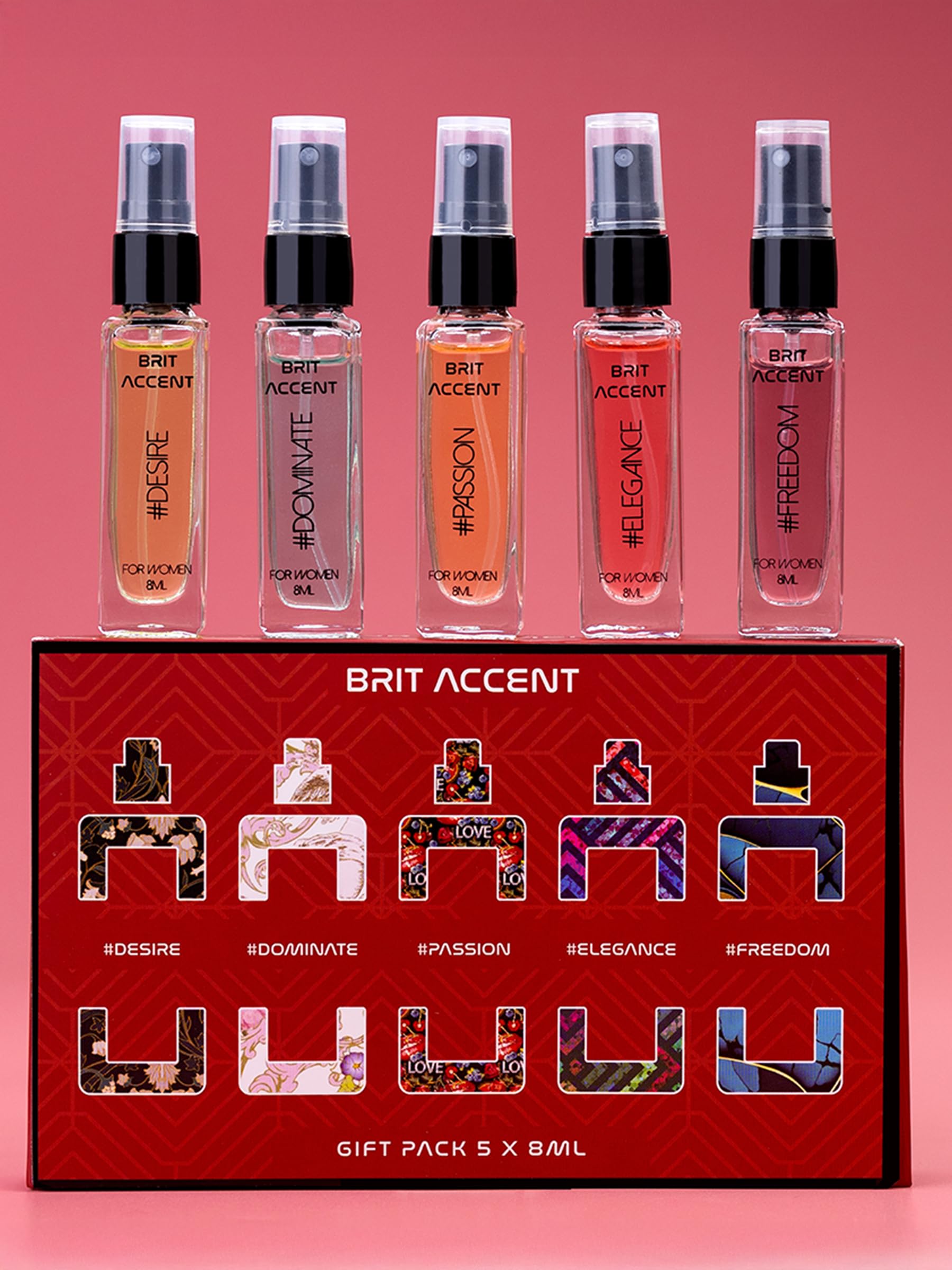 Brit Accent || Perfume Gift Pack || 5 X 8 ML || Tester - Pack || #sensual, #Desire, Passion, Elegance, Freedom || Eau De Toilette - 40 ML for Women||-image-43