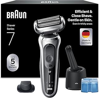 Braun Series 7 Afeitadora Eléctrica Hombre, Máquina de Afeitar Barba con Recortadora De Precisión EasyClick, Centro De Limpieza SmartCare, 360° Flex, Recargable e Inalámbrica, 71-S7200cc, Plata