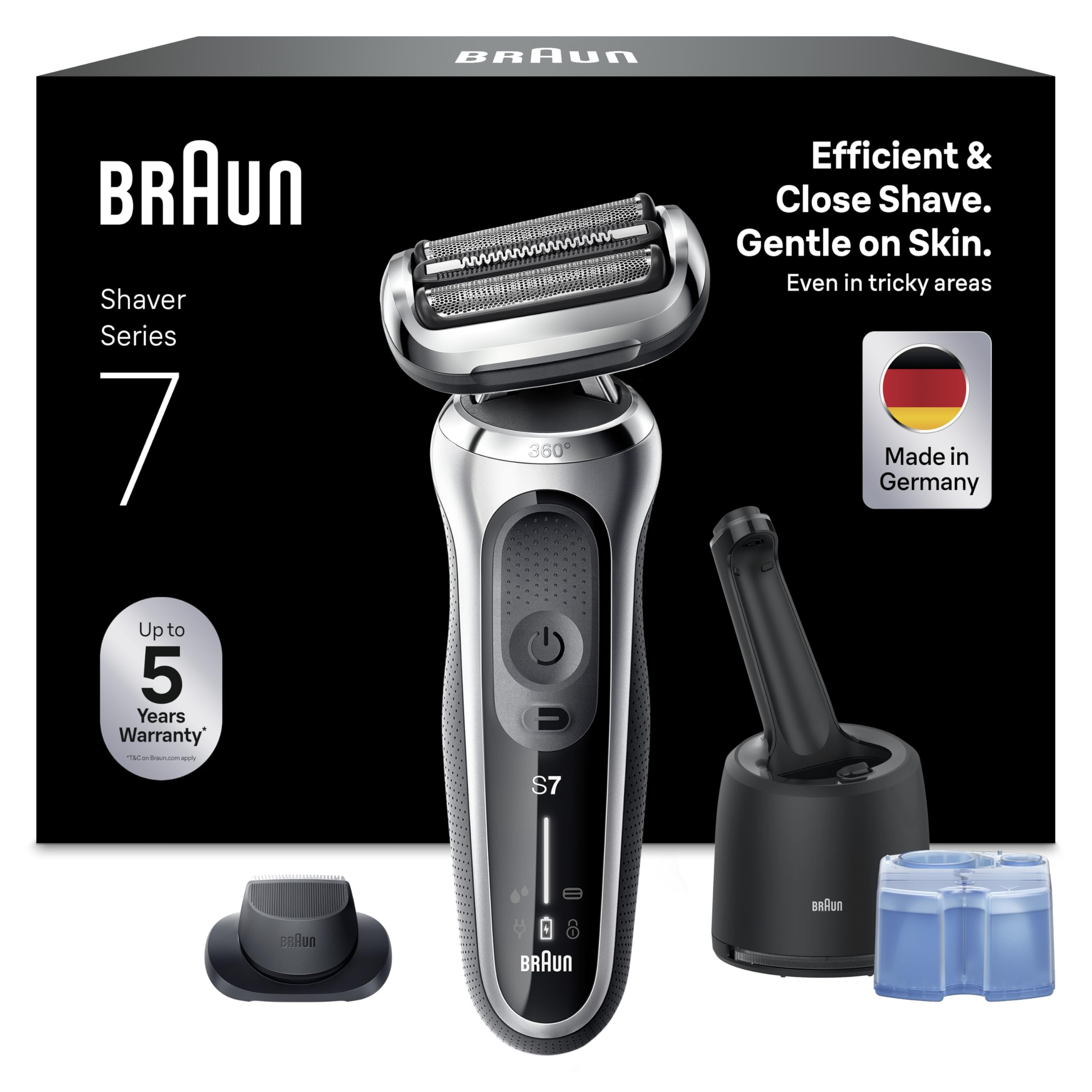 Braun Series 7 Afeitadora Eléctrica Hombre, Máquina de Afeitar Barba con Recortadora De Precisión EasyClick, Centro De Limpieza SmartCare, 360° Flex, Recargable e Inalámbrica, 71-S7200cc, Plata GreenCircle Certified: Certified Energy Savings