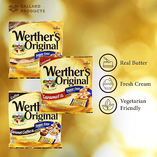 Miniatura 3 de Werthers - Paquete variado de 3 sabores duros sin azúcar, bolsas de tamaño de tienda de comestibles, 1 bolsa de cada sabor, paquete con bolsa de