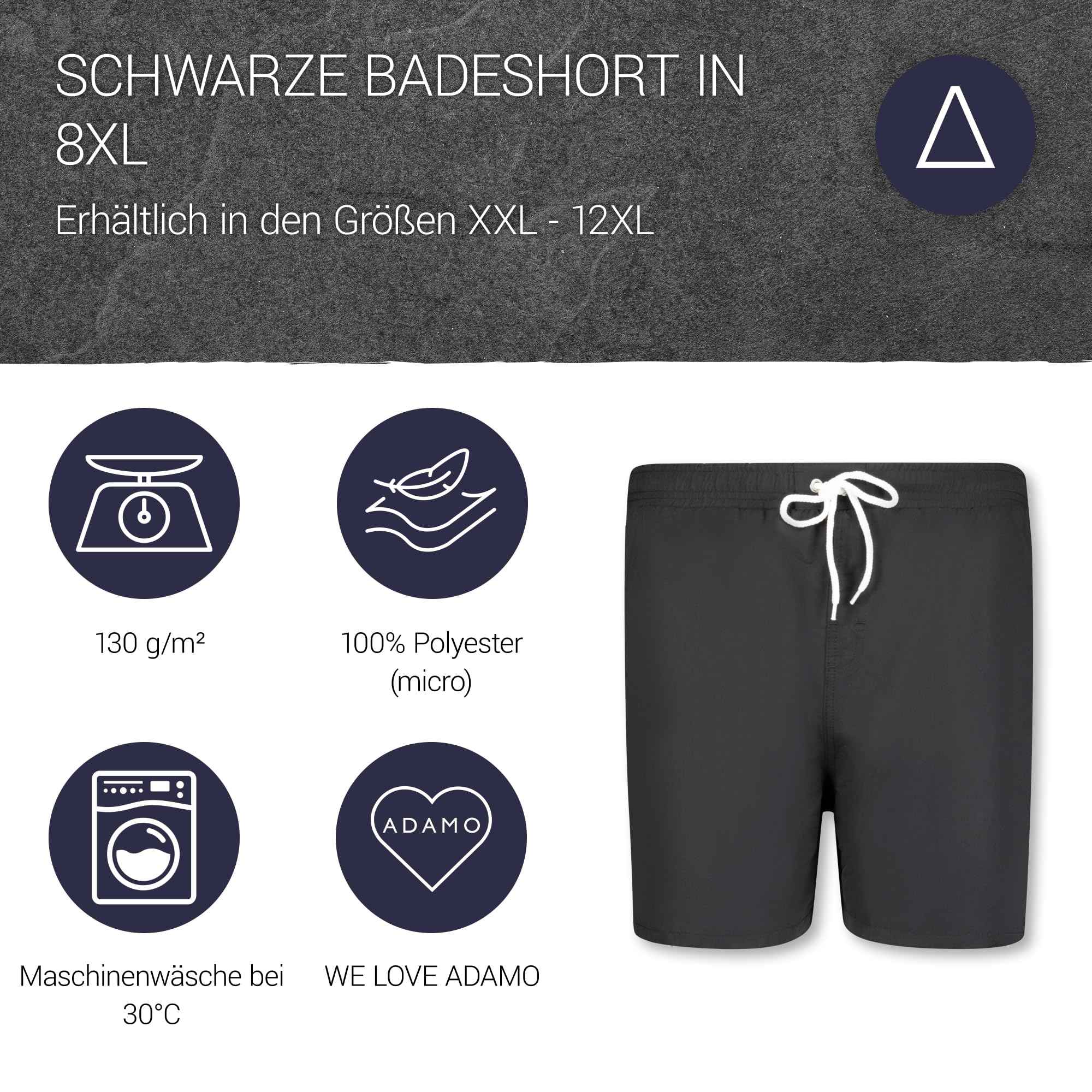 ADAMO Kurze Herren Badehose in Schwarz bis Übergröße 12XL