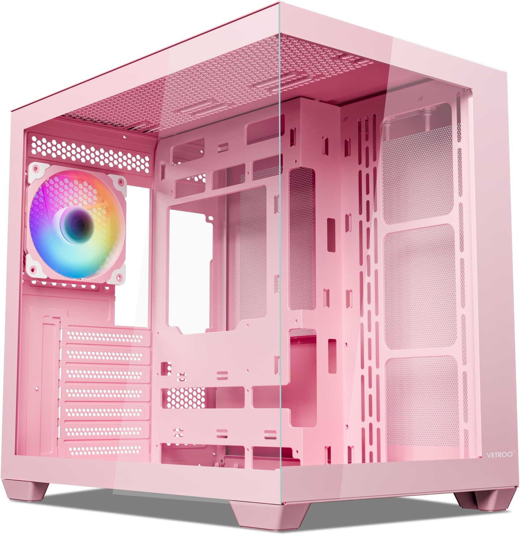 Vetroo AL900 ATX PC Case with 270° Full View Tempered Glass, Pre-Installed ARGB & PWM FDB Fan, Supports 360mm Radiator & 10 Fans, Type-C Ready, for 40 Series GPUs - Pink