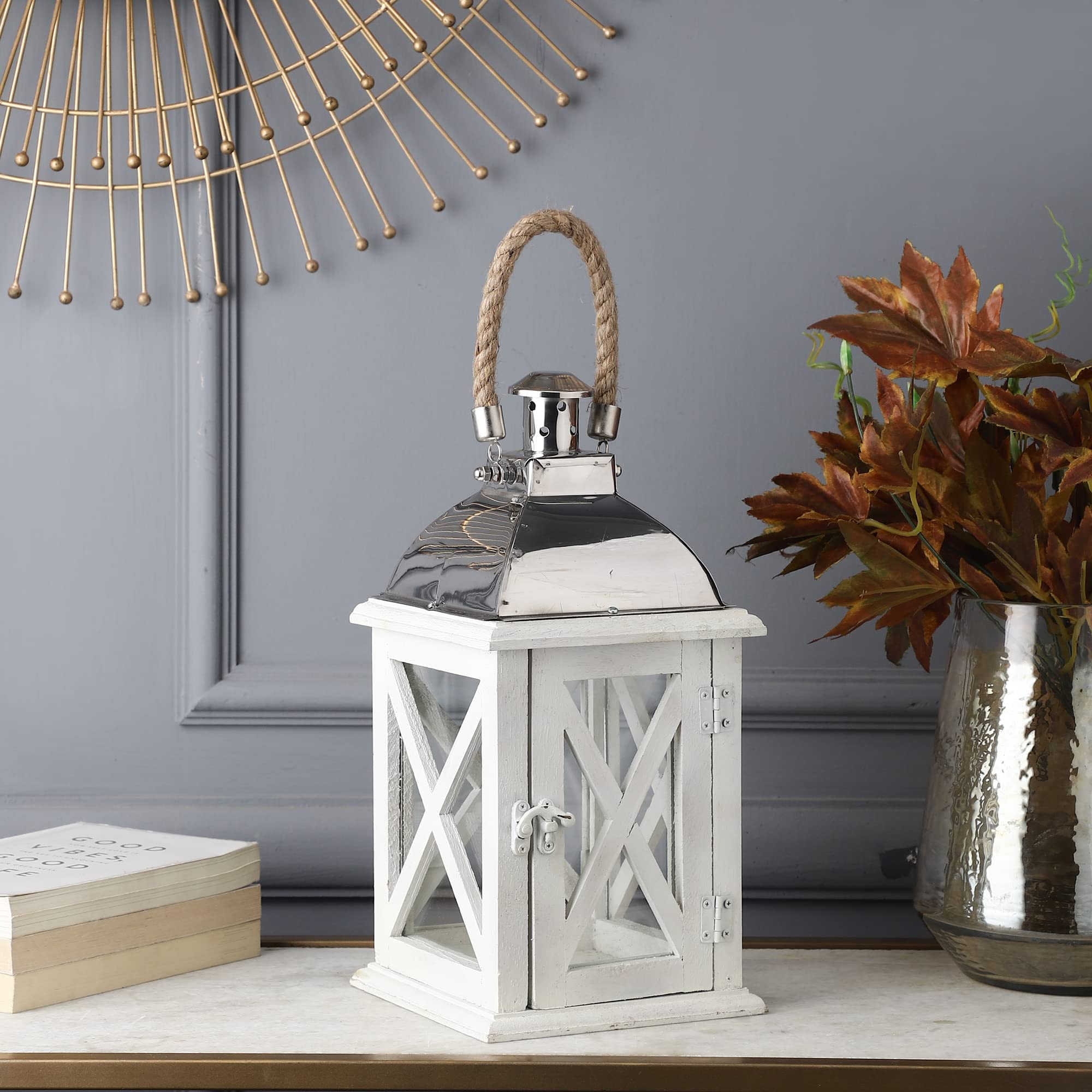 Purestory Wooden Lantern for Home Decor.Decorative Hanging Lantern Candle Holder with Glass for Fireplace, Outdoor Centerpiece Living Room Bedroom Party Christmas - White - 13 Inch