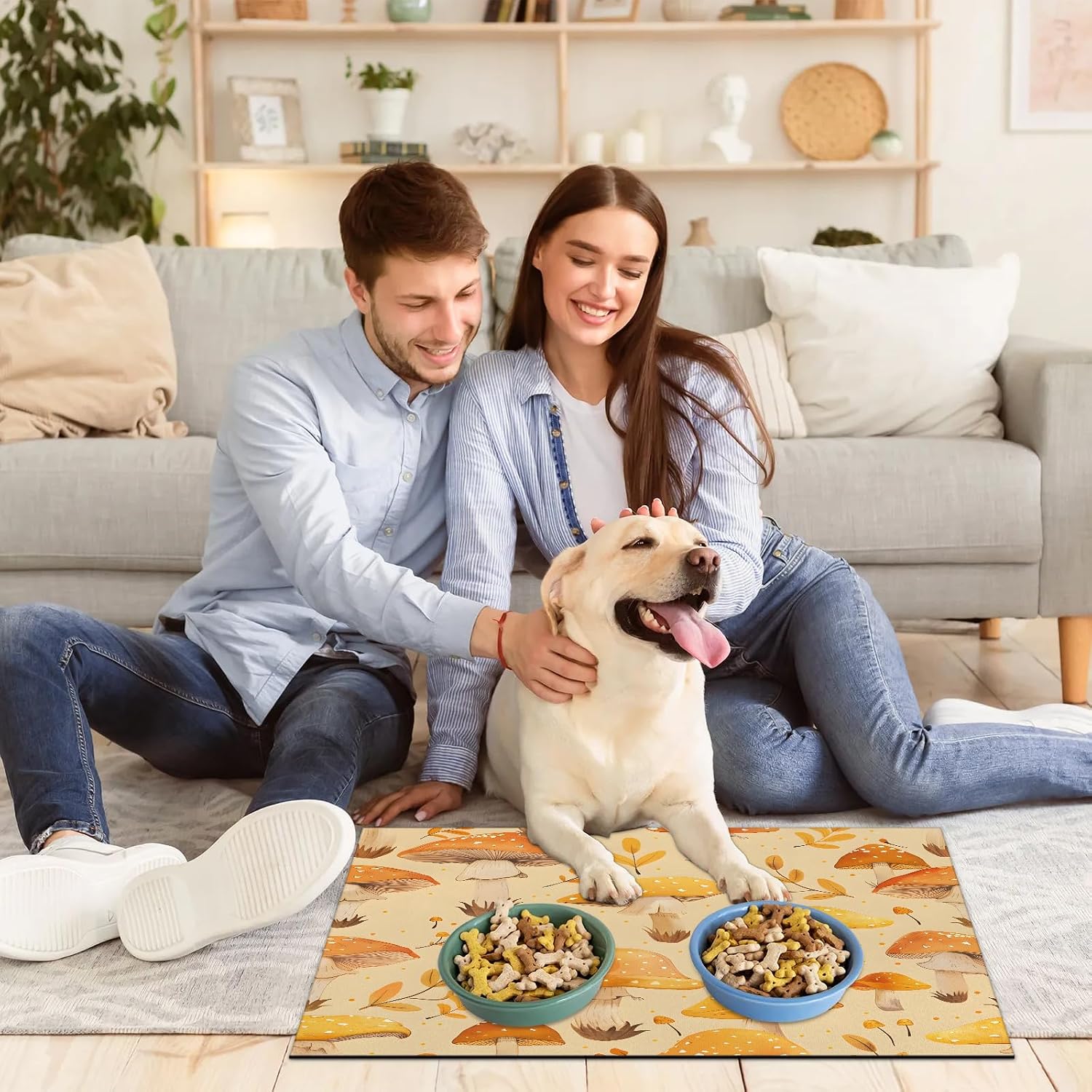 Hexteria Fall Mushroom Pet Feeding Mat Yellow Tree Leaf Non Slip Absorbent Pet Placemat for Food and Water Bowl Dog Cat Food Mats for Floors Puppy Accessories, 24 x 32 in