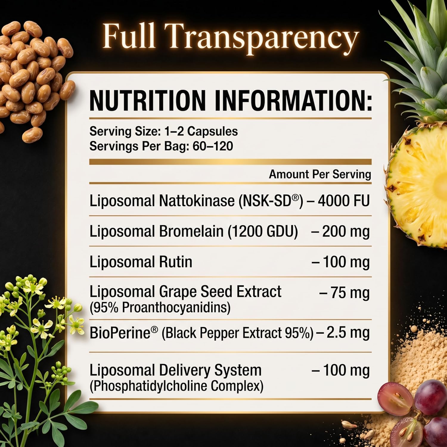 Liposomal Nattokinase 4000 FU + Bromelain 200mg, with Rutin + Grape Seed Extract, Enteric Coated Capsules, Circulation & Cardiovascular Support Supplement, Non GMO, Made in UK, 120 Capsules