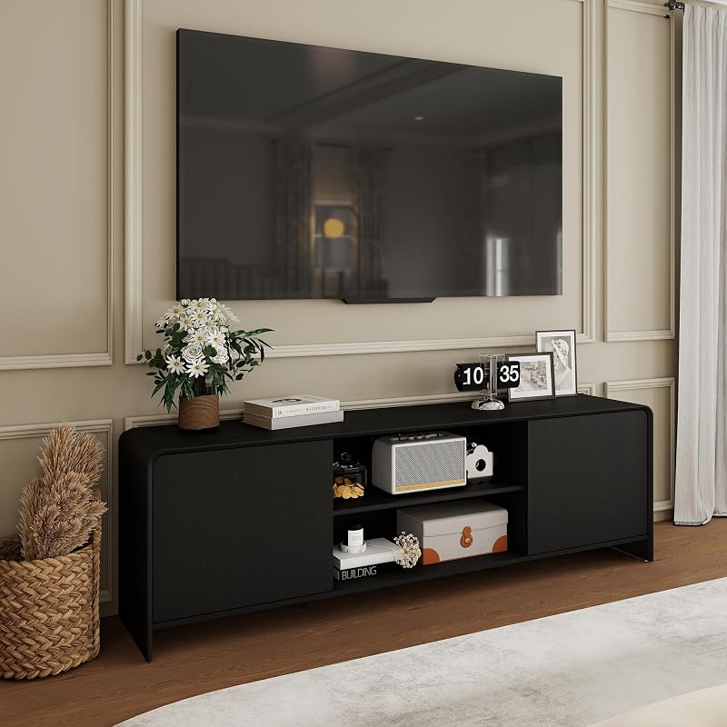 Bevfint Modern TV Stand for 80 Inch TVs, Sleek Entertainment Center for Next-Gen Gaming & Social Parties, Black Media Console Cabinet with Storage & Rounded Arc Design - Classic Black