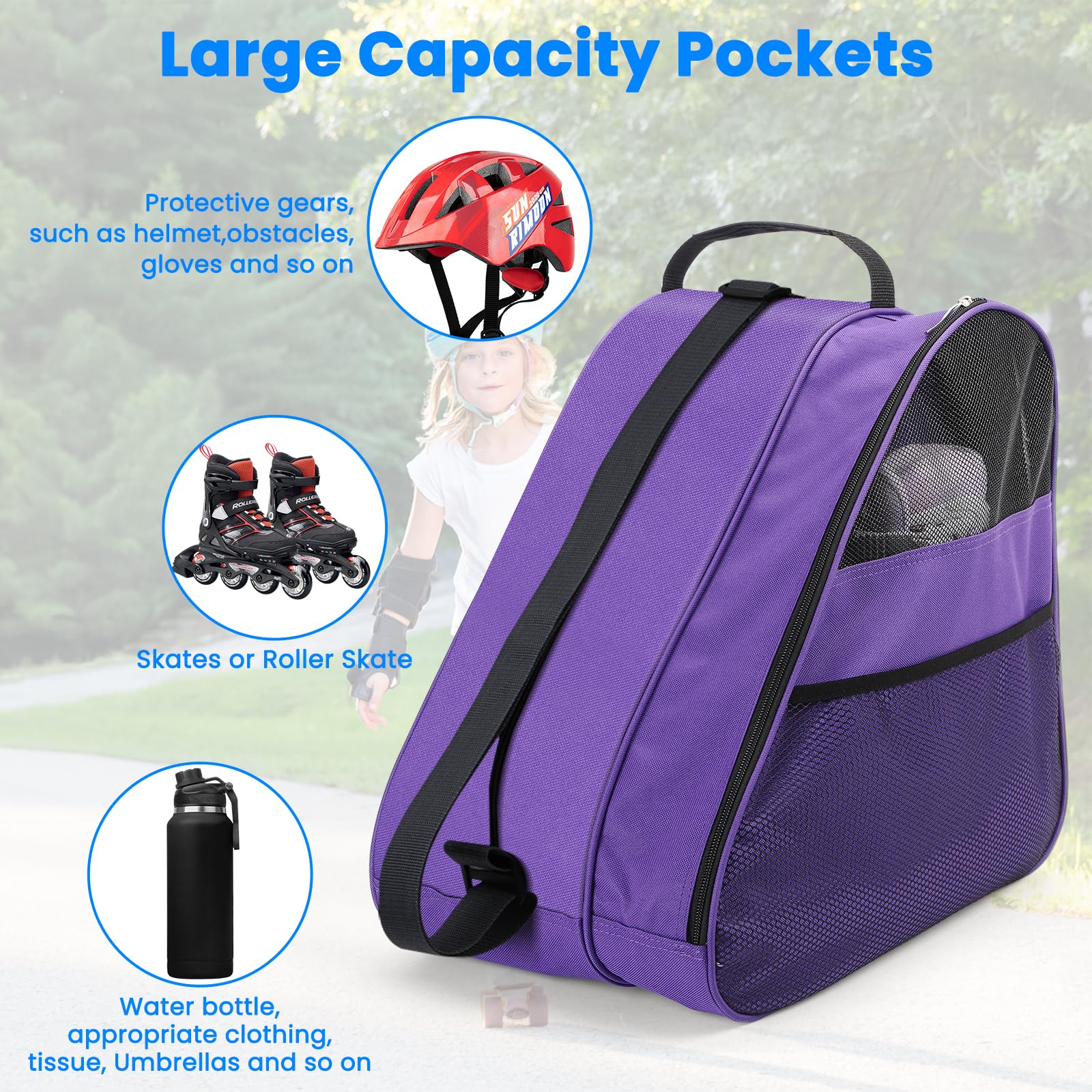ghiaccio/linea/rullo, borsa per pattini a rotelle a spalla e con manico superiore in Oxford per adulti e bambini (Viola)