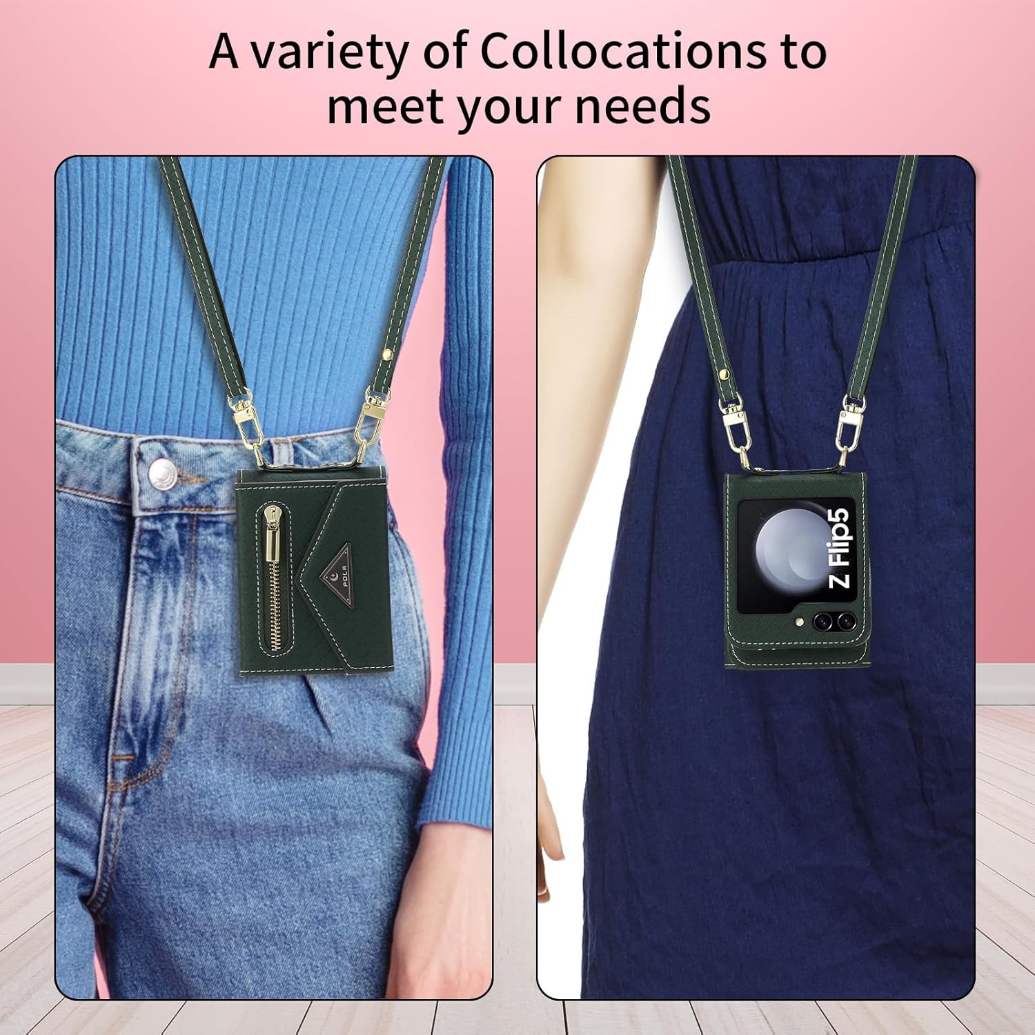 SZHAIYU Zipper Wallet Purse for Samsung Galaxy Z Flip 5 5G Crossbody Case with Credit Card Holder Strap Lanyard Women Kickstand Flip Leather (Green, Z Flip 5)