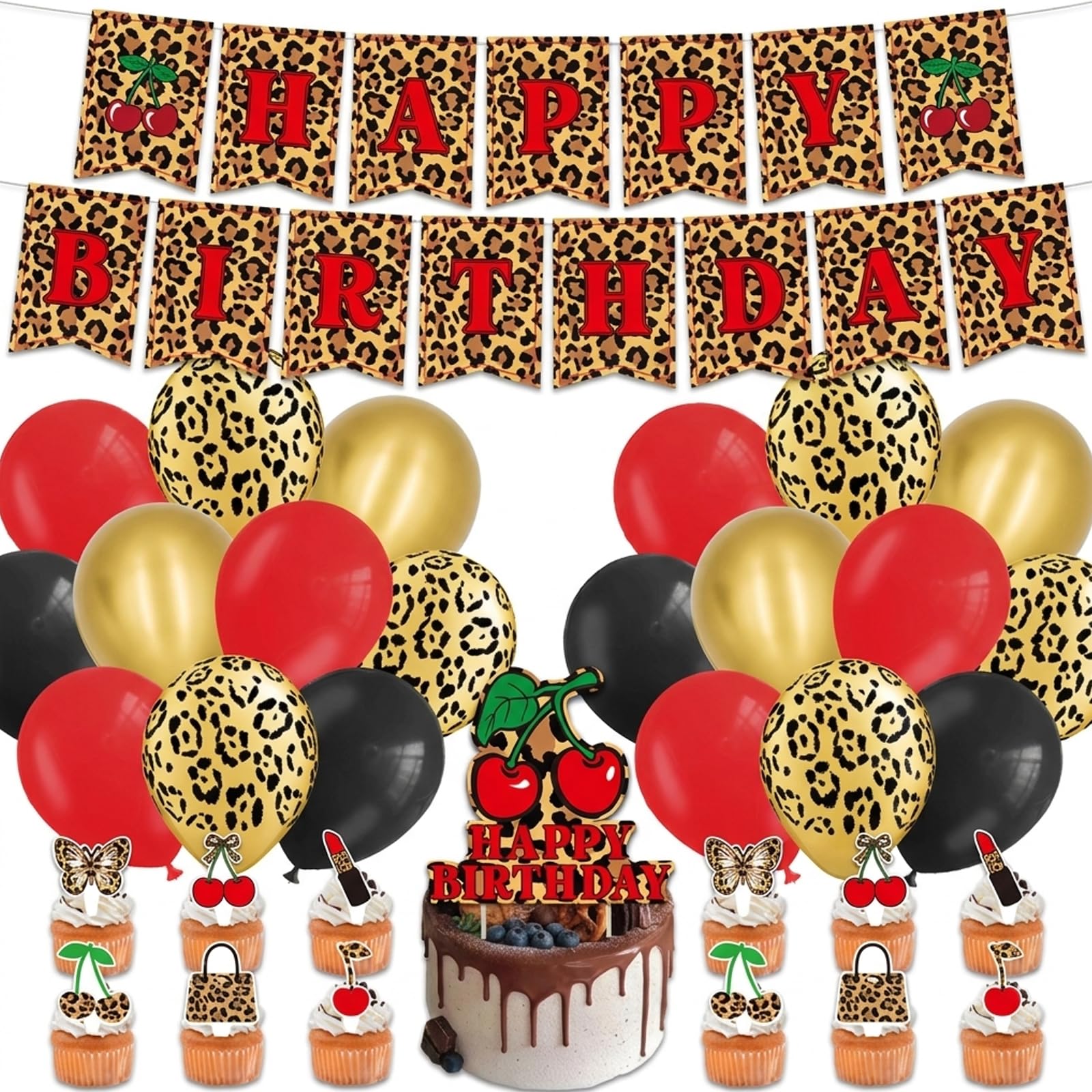 44pcs Leopard Print Balloons, Leopard Print Birthday Decorations, Leopard Print Party Decorations, Banner and Cake Toppers