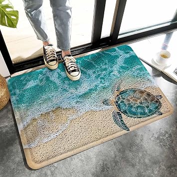 Teal Sea Turtle Welcome Door Mat 35"x24" Beach Ocean Wave Summer Coastal Front Door Mat Outdoor Entrance Dirt Trapper Waterproof Doormat for Entry Porch Patio Garage High Traffic Areas