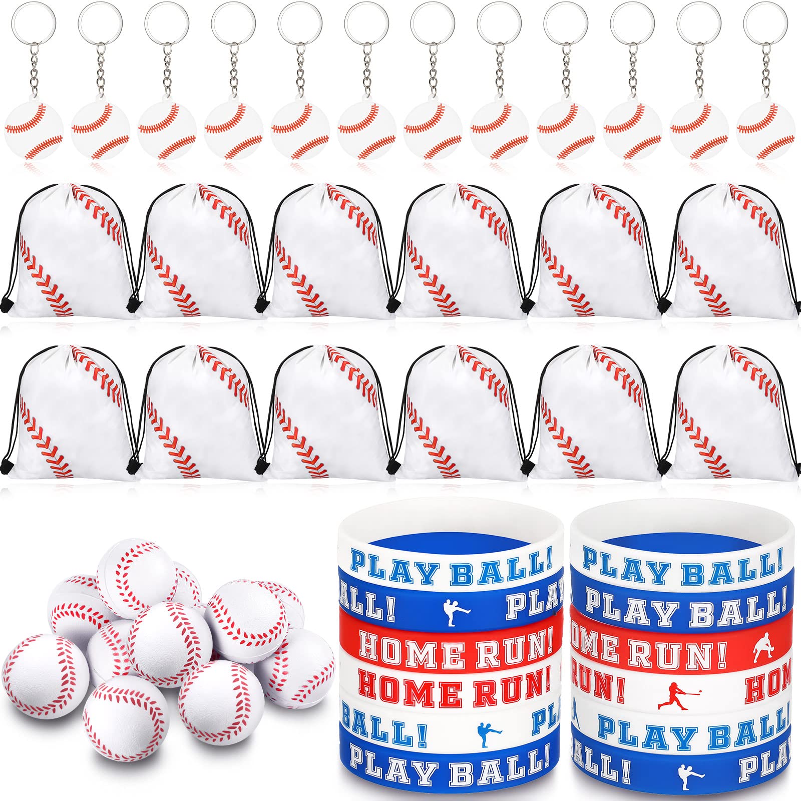 LEIFIDE 48 Pcs Basketball Soccer Football Baseball Party Favors Supplies 12 Silicone Bracelet 12 Drawstring Treat Bag 12 Mini Stress Ball 12 Keychains for Birthday Sports Party Supplies(Baseball)