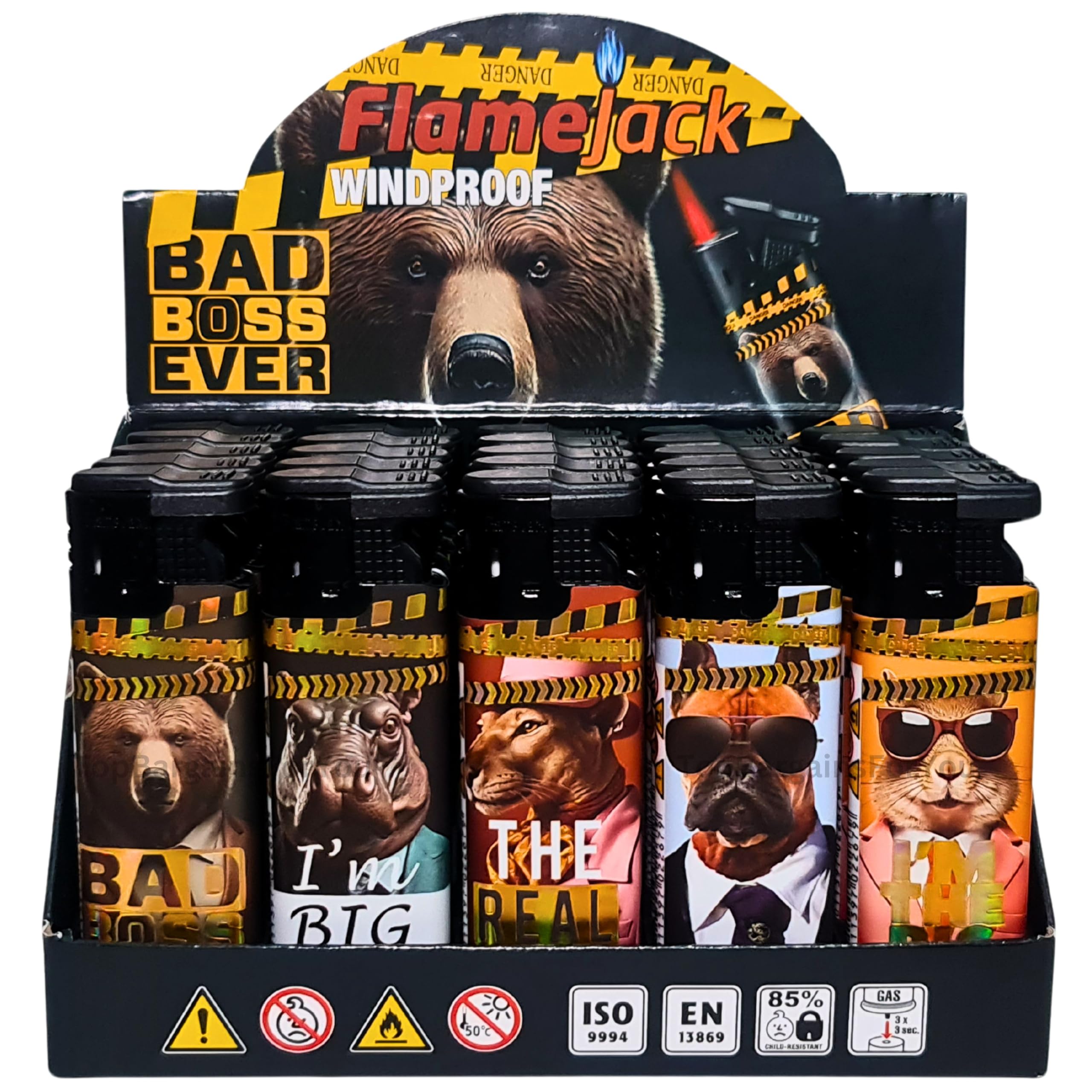 Zactly - 5 x FlameJack Colourful Windproof Dustproof Jet Lighters Really Powerful – LIMITED EDITION (Animal Bad Boss Ever)
