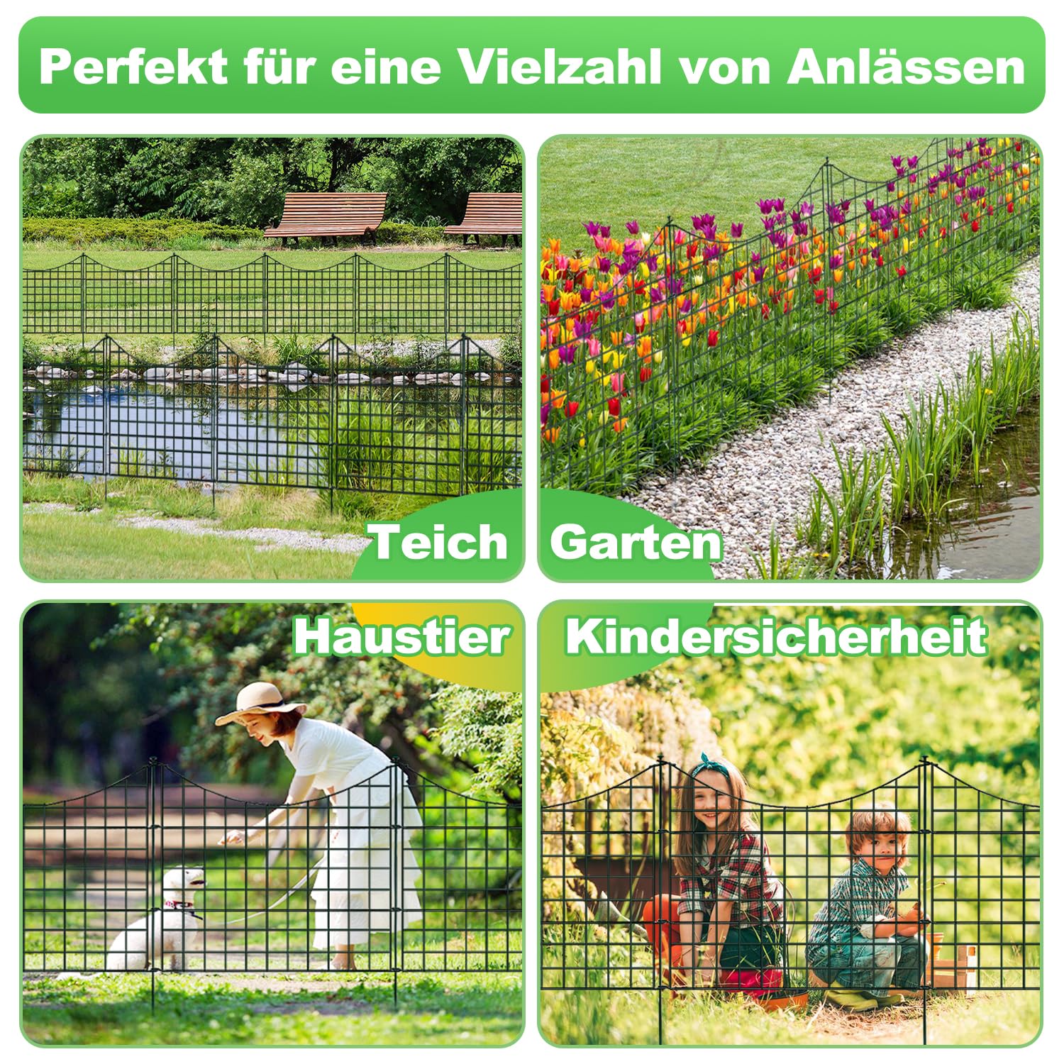 Teichzaun Gartenzaun Zierzaun – 10-teiliges Set U-förmiger Zaun mit 12 Befestigungsstäben für Gartengestaltung, Tiergehege und Teichumrandung (Grün, Unterbogen)