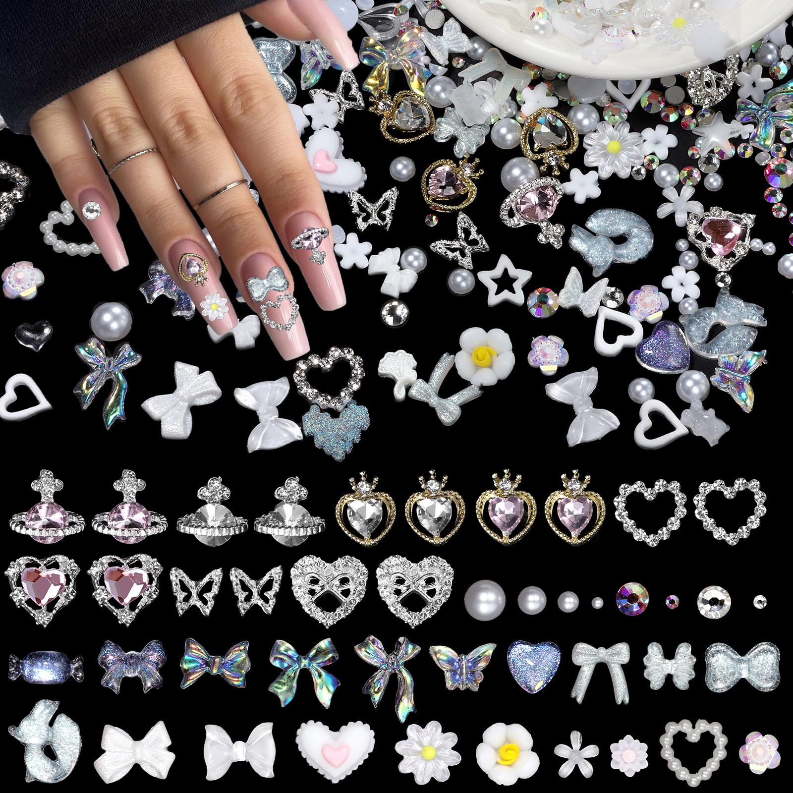 450Pcs 3D Heart Planet Butterfly Nail Rhinestones Gems Charms Alloy Butterfly White Flower Bow Nail Gems and Charms Mix Size White Rhinestones Nails
