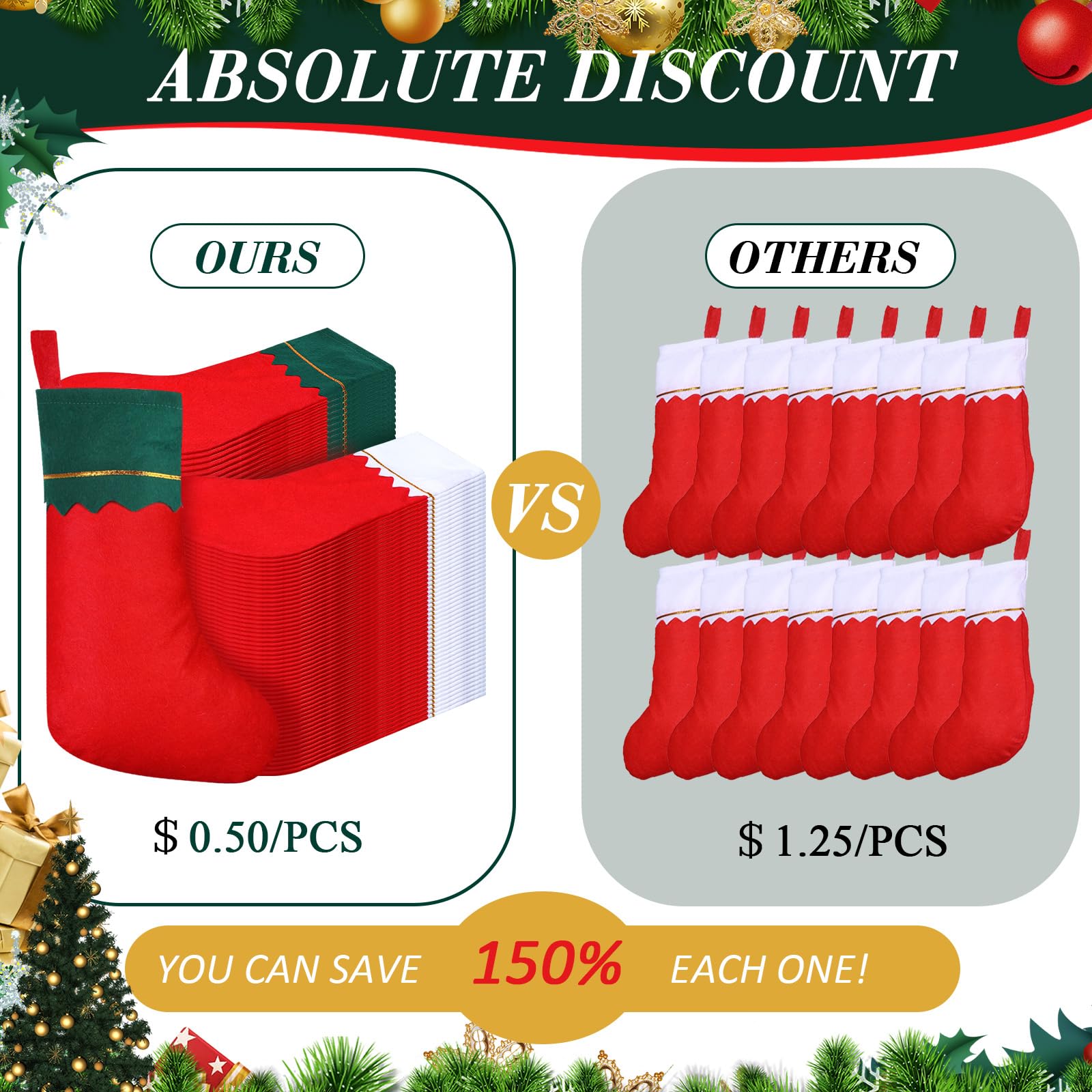 Sumind Lot de 100 chaussettes de Noël en feutre de 38,1 cm pour décoration de Noël (rouge avec bordure blanche, rouge avec bordure verte)