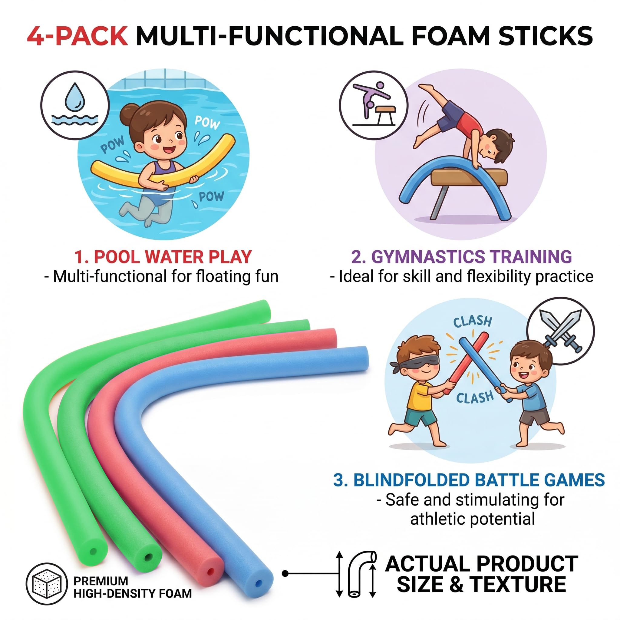Pool Noodles Foam, confezione da 4 noodles in schiuma, grande aiuto per il nuoto, morbidi e leggeri per i giochi d'acqua dei bambini, 6 x 150 cm, blu