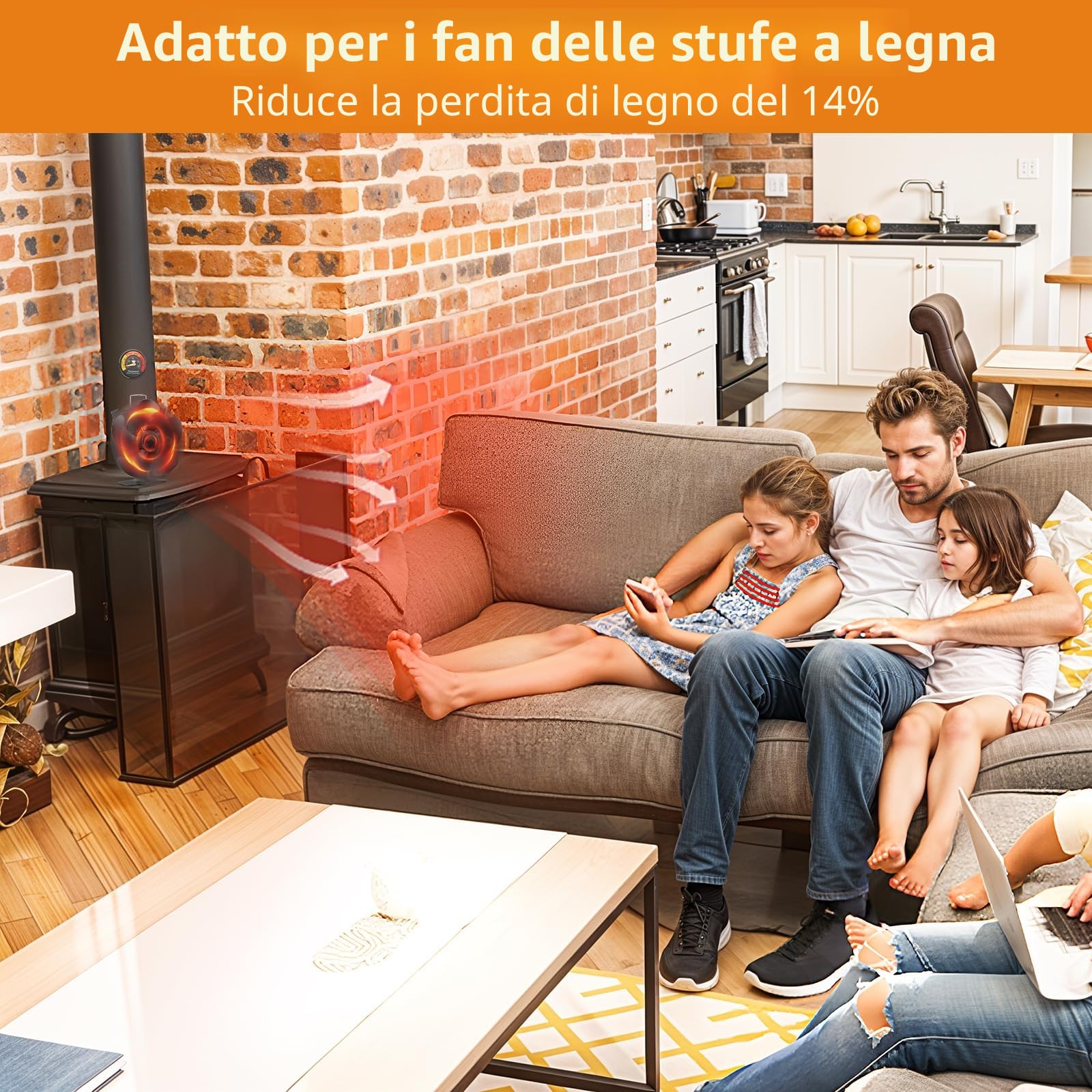 Ventilatore per stufa a legna, ventilatore per camino a 5 pale per stufa a legna, ventilatore a calore, funzionamento silenzioso che circola aria calda, (include termometro magnetico)