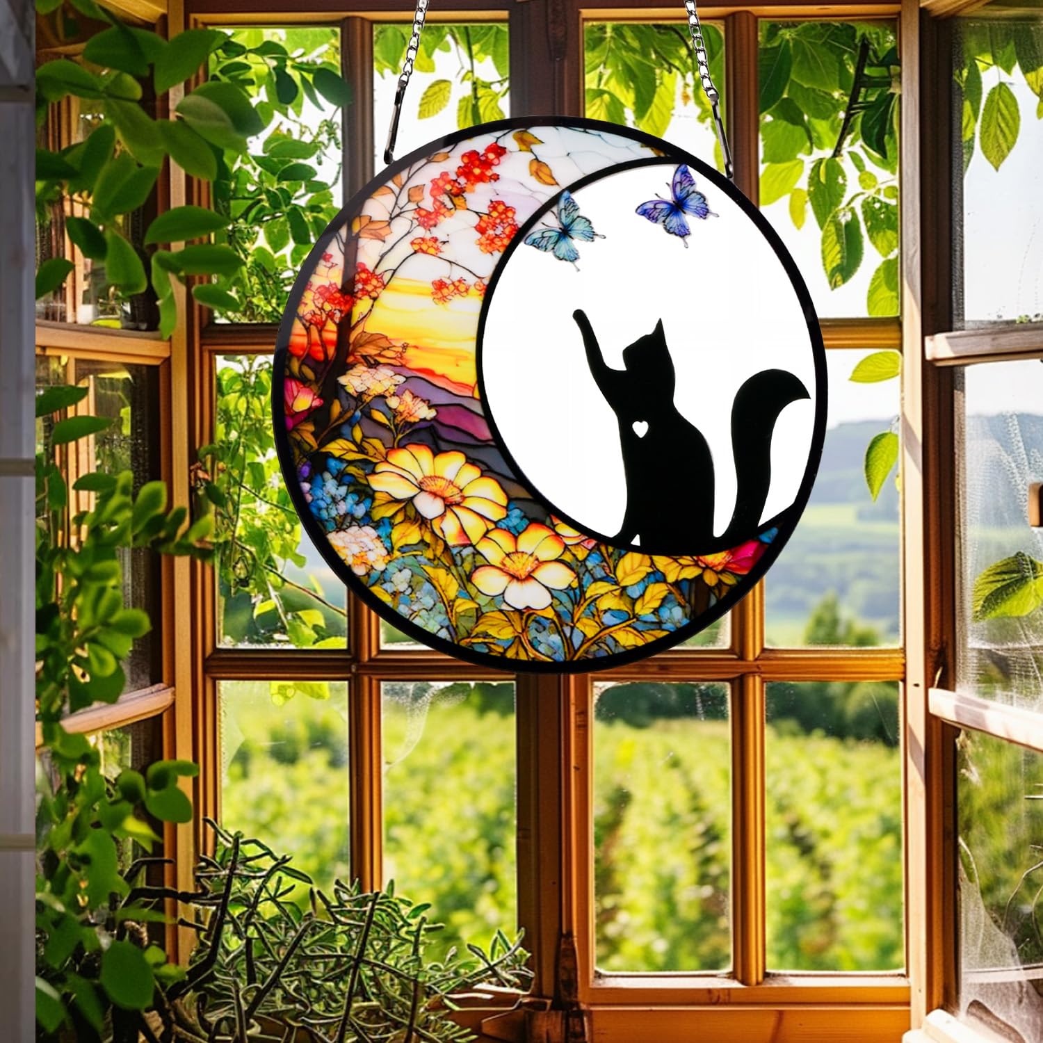 Black Cat Memorial Stained Glass Suncatcher - Butterfly and Halloween Decor - Themed Gift for Cat Lovers, Color 1 - Image 4