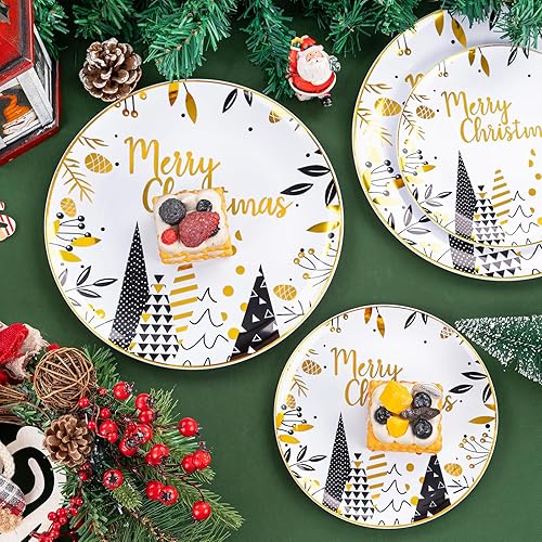 Miniatura 5 de WDF 50 platos de plástico desechables de Navidad, platos azules con copo de nieve blanco incluyen 25 platos llanos, 25 platos de ensalada, platos de