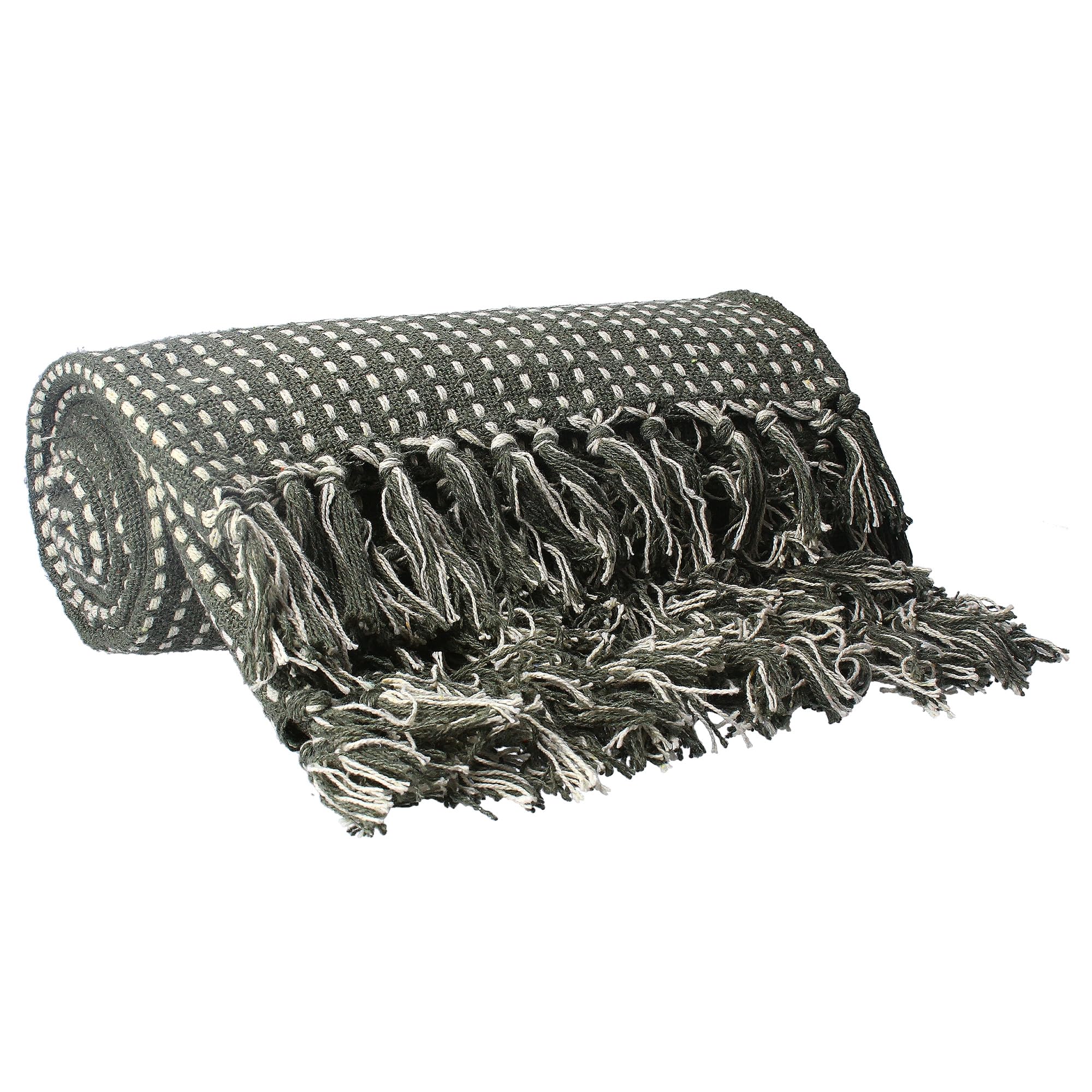 Gisela Graham Green Khaki Woven Cotton Throw Blanket, 20801