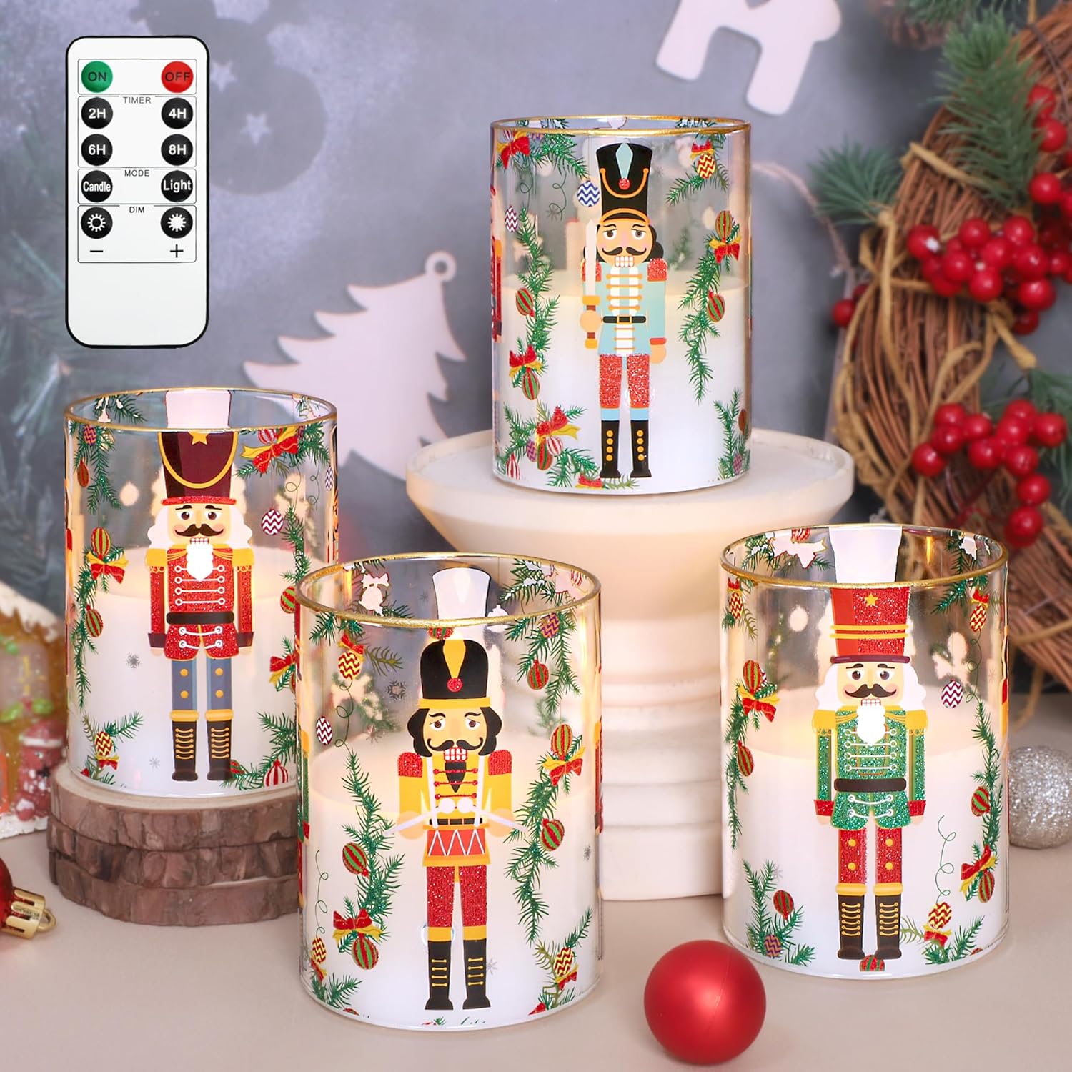 Flameless Holiday LED Candle, Glass Flameless Candles with Remote Timers, Battery Operated Nutcrackers Led Flickering Light, Real Wax Pillar Candles for Christmas Home Decoration