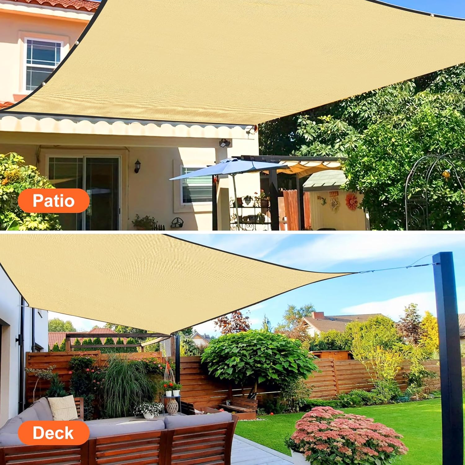Sun Shade Sail, 12' X 16' Rectangle Shade Sail with Grommets Pergola Shade Cover, Sun Shade Cloth for Patio Carport Yard Lawn Garden (Sand)