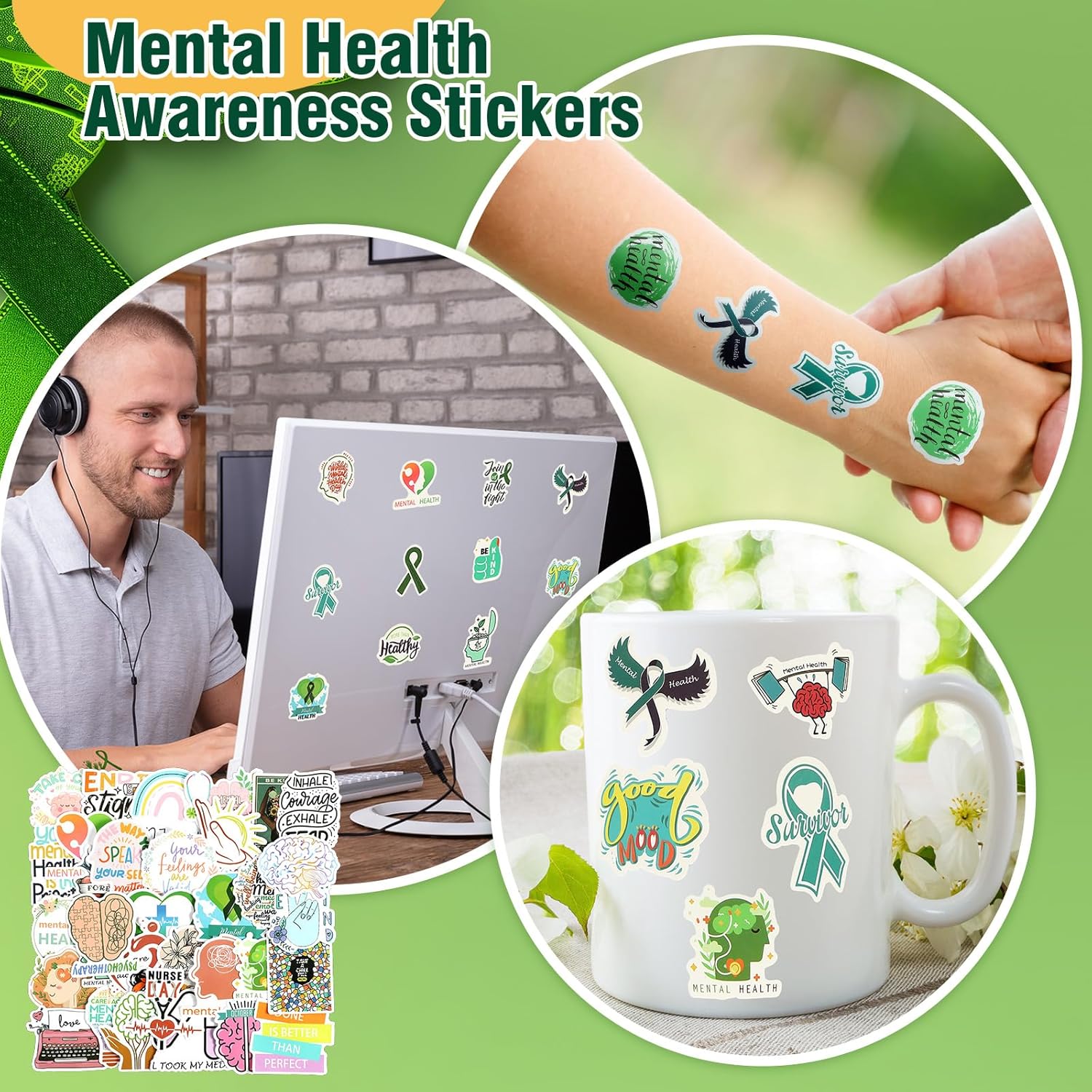 398 Pcs Mental Health Awareness Items Include Mental Health Stickers, Rubber Wristbands, ballpoint pens and green ribbon pins for Mental Health Awareness Gifts Supporting Minds