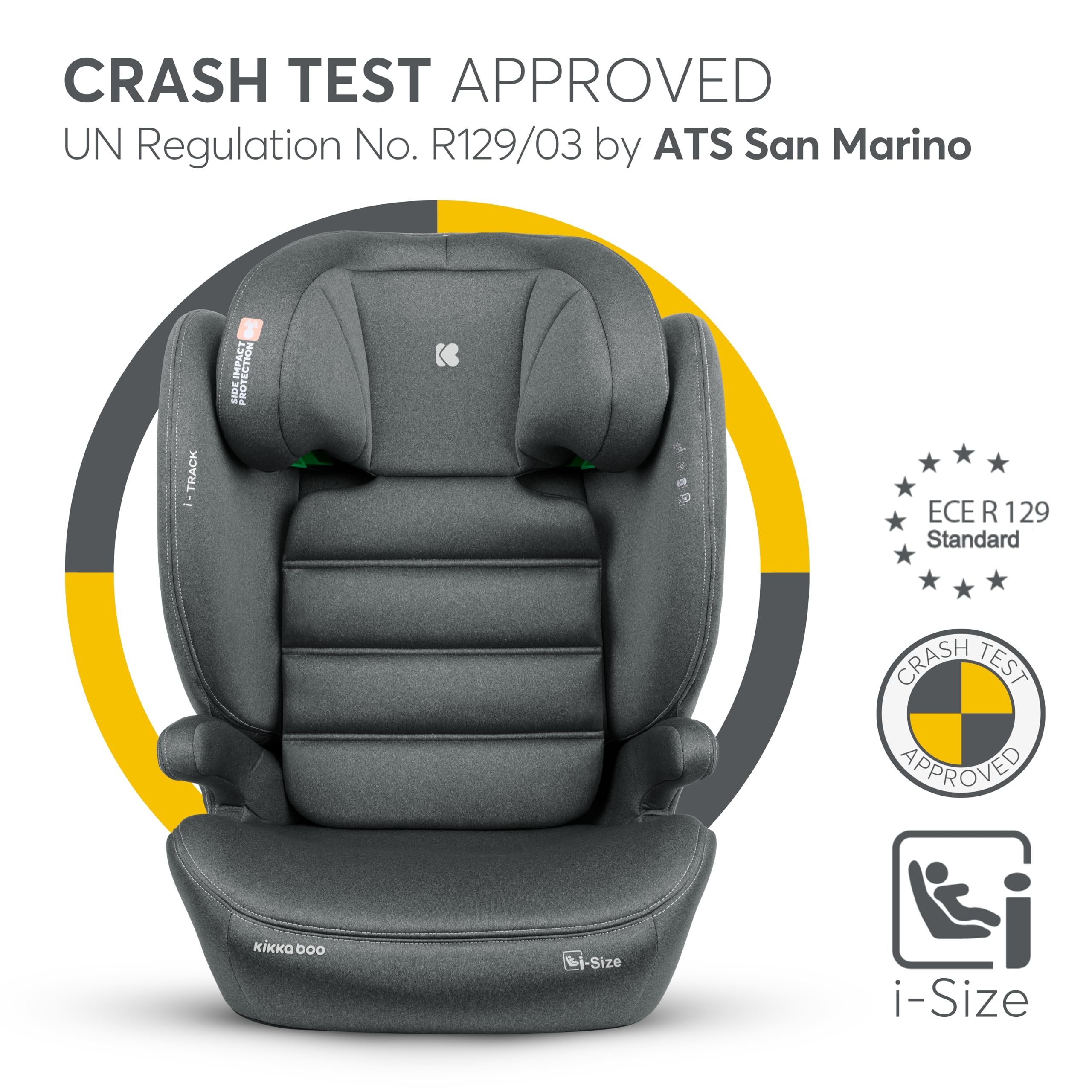 KikkaBoo Fotelik Samochodowy i-TRACK i-Size 100–150 cm, Grupa 2/3 ISOFIX, dla Dzieci 3,5–12 Lat (15–36 kg), System Ochrony Bocznej SPS, Zagłówek Regulowany w 12 Pozycjach, Szary