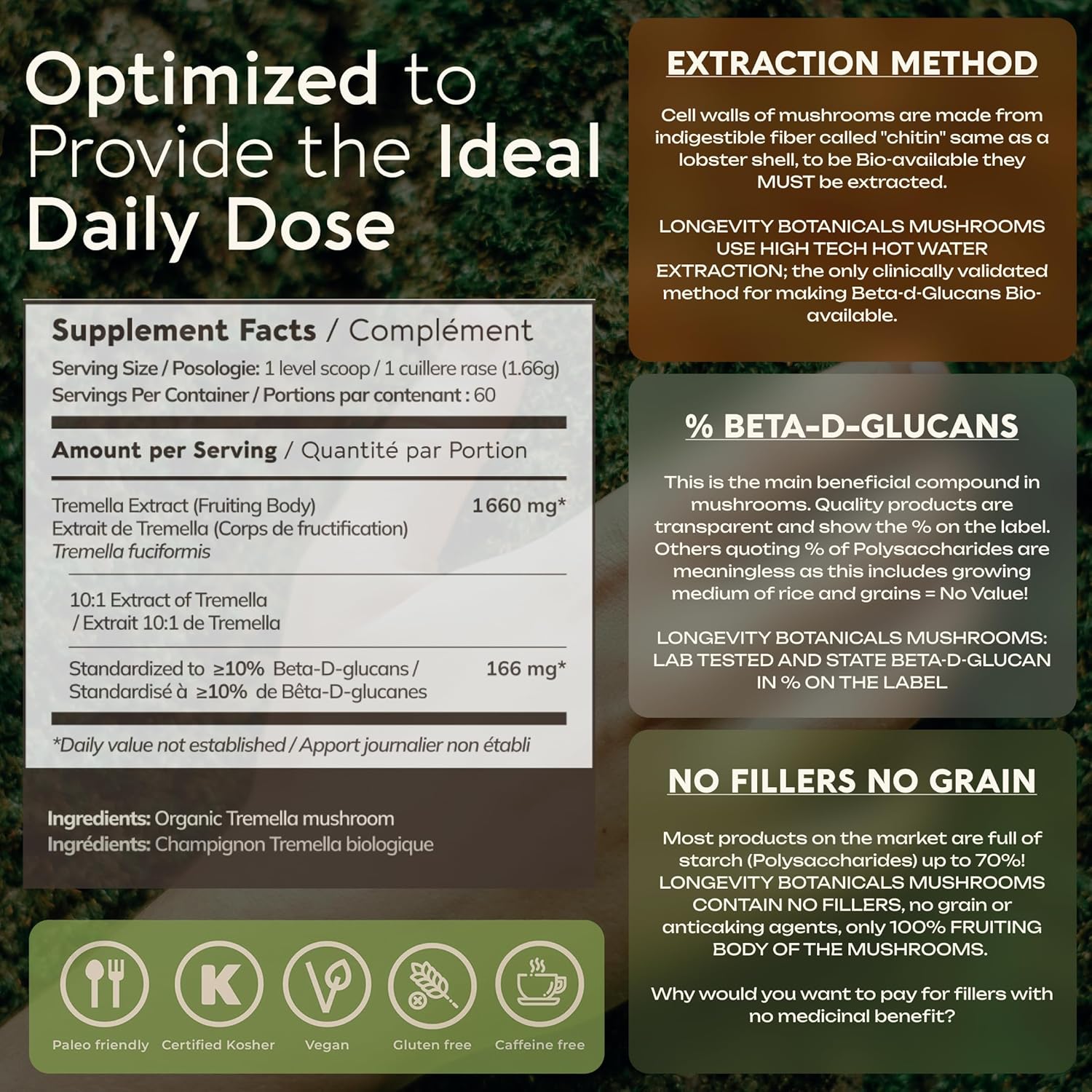 Longevity Botanicals Organic Tremella Mushroom Powder Supplement Extract 100g | Snow Fungus Fuciformis Fruiting Body | ≥10% Beta-D-Glucans | 60 Servings of 1,660mg | Supports Skin Wellness