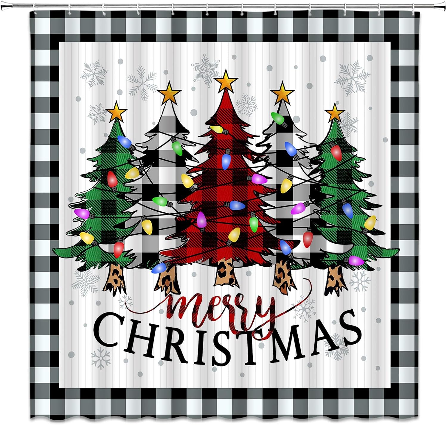 Christmas Tree Shower Curtain Black and White Buffalo Plaid Xmas Tree Winter Rustic Farmhouse Fabric Bathroom Curtain Decor Bath Set with Hooks(70" Wx84 H)