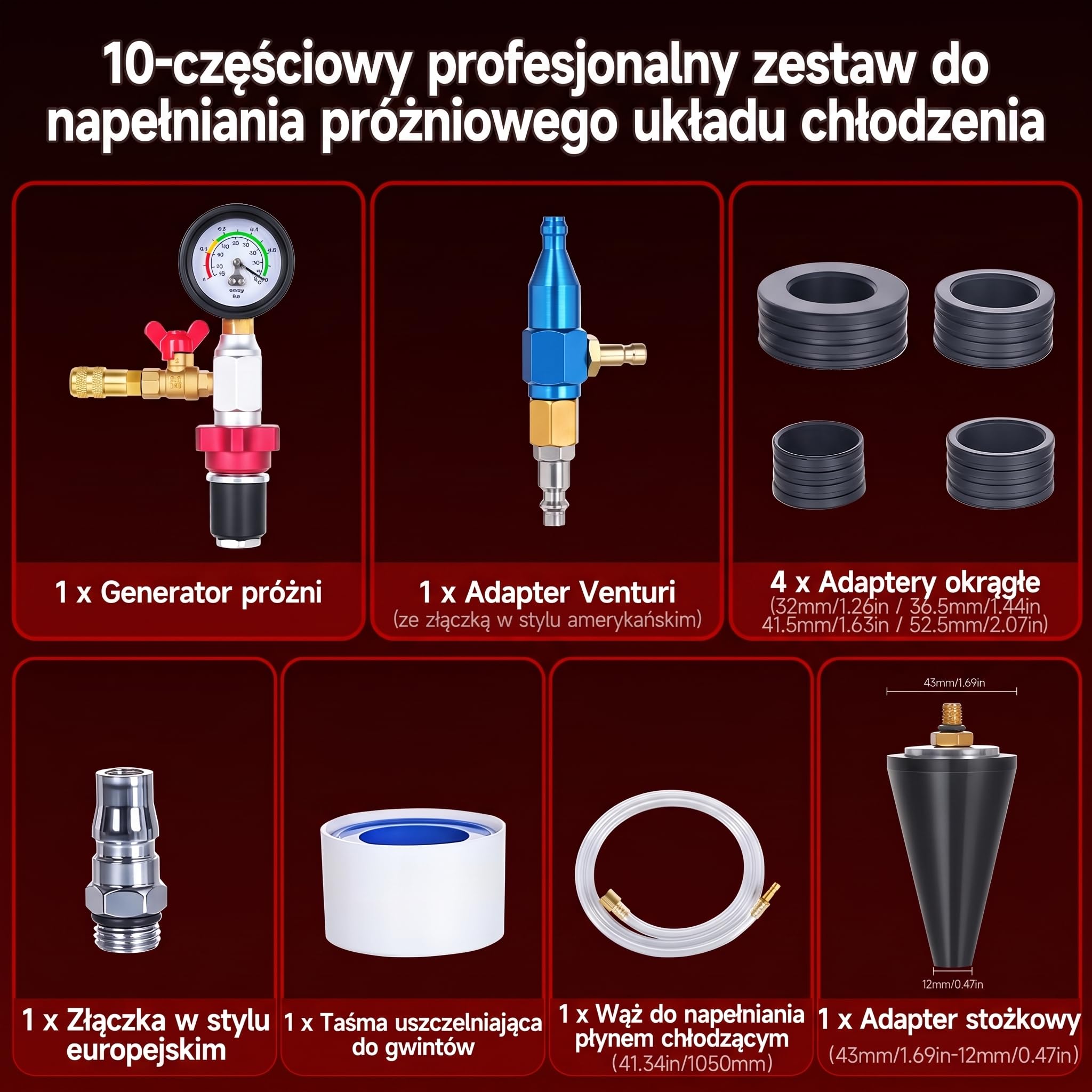BILITOOLS 10-częściowy zestaw do próżniowego napełniania i odpowietrzania chłodnicy – uniwersalny z adapterami – szybkie odpowietrzanie do większości aut