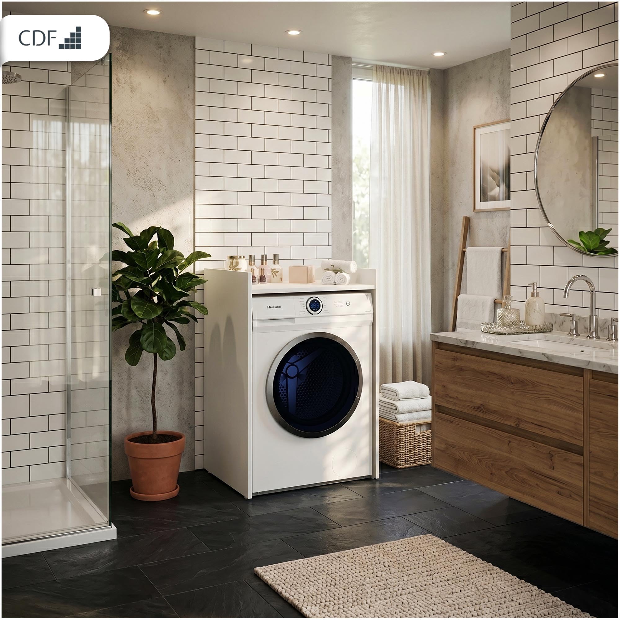 CDF Mobile Sopra Lavatrice Scaffale da Bagno Salvaspazio con Ripiano Portaoggetti Mobiletto Lavanderia Stabile 64 x 97,5 x 50 cm - Bianco Opaco