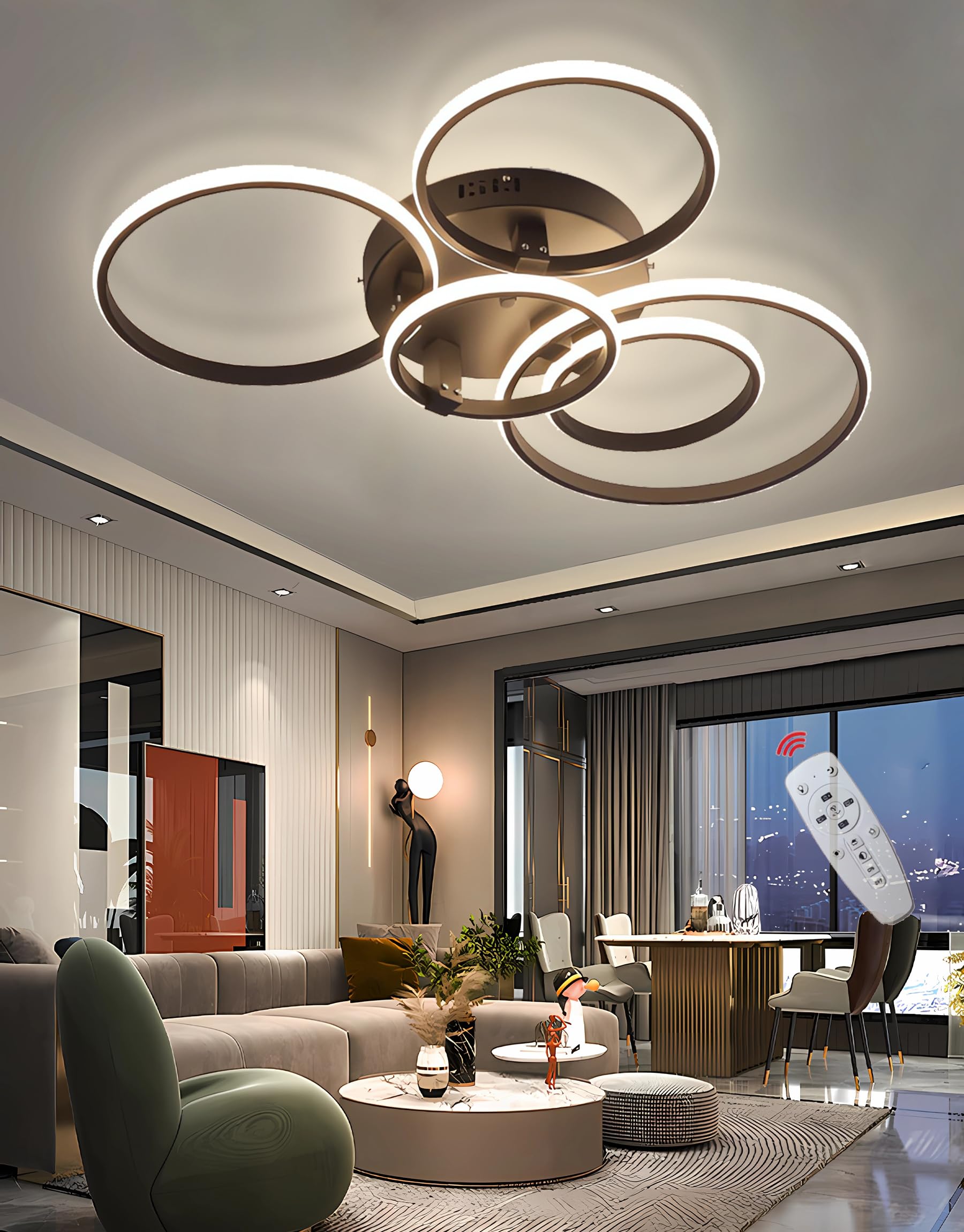 QYSMGS LED Ceiling Lighting Modern Living Room Ring Ceiling Lamps Dimmable with Remote Contro Flush Mount Ceiling Light for Living Room Bedroom Parlour (Black, 5 Rings)