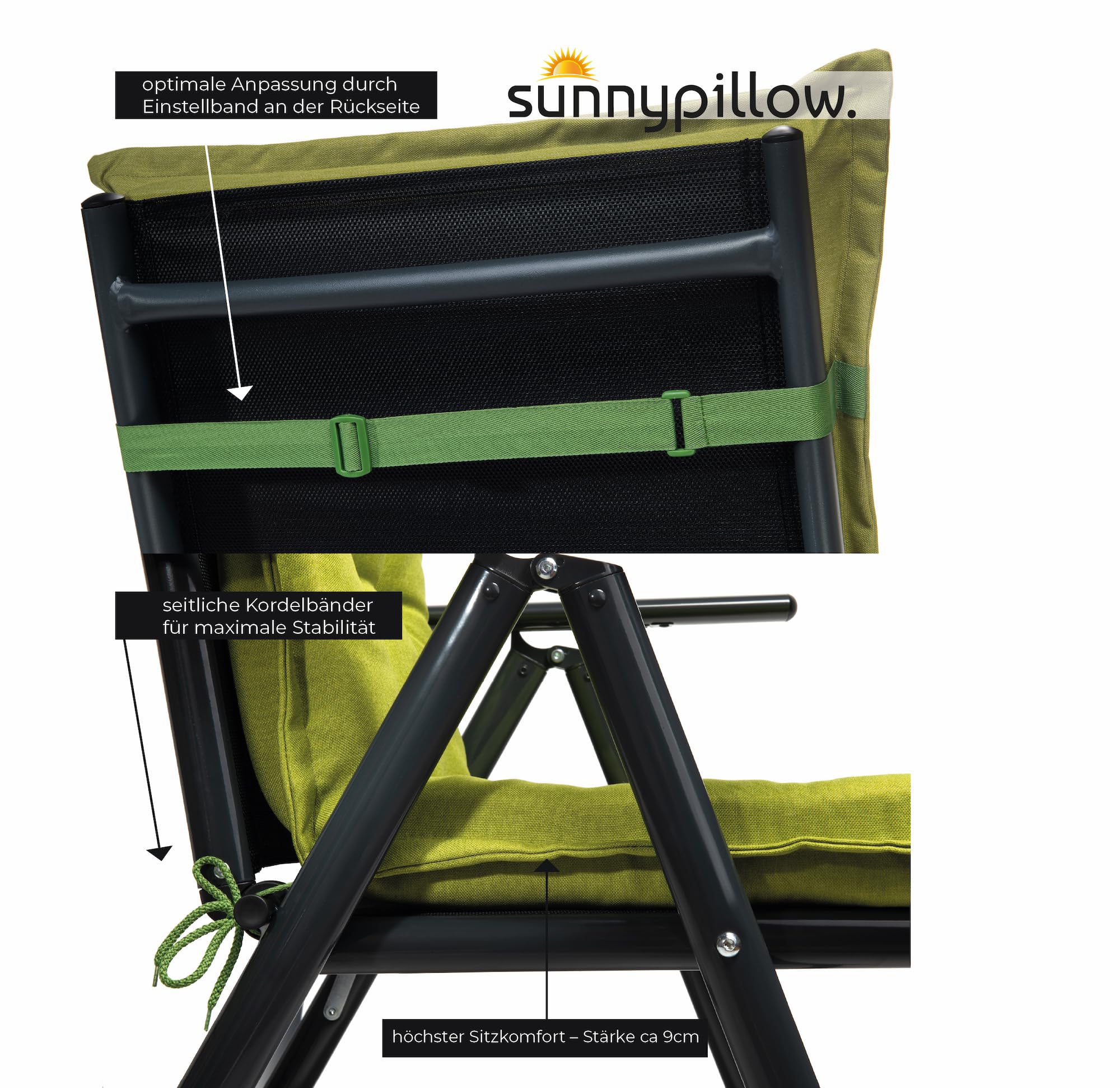 sunnypillow 6 poduszek na krzesła ogrodowe z niskim oparciem, 100 x 50 x 9 cm, 6 kolorów do wyboru, do użytku wewnątrz i na zewnątrz, kolor zielony