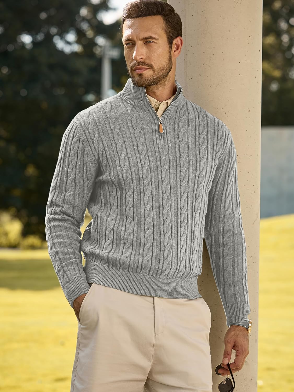 JMIERR Men's Quarter Zip Pullover Sweater Cable Knit Casual Stand Collar Texture Knitted Sweaters - Image 2