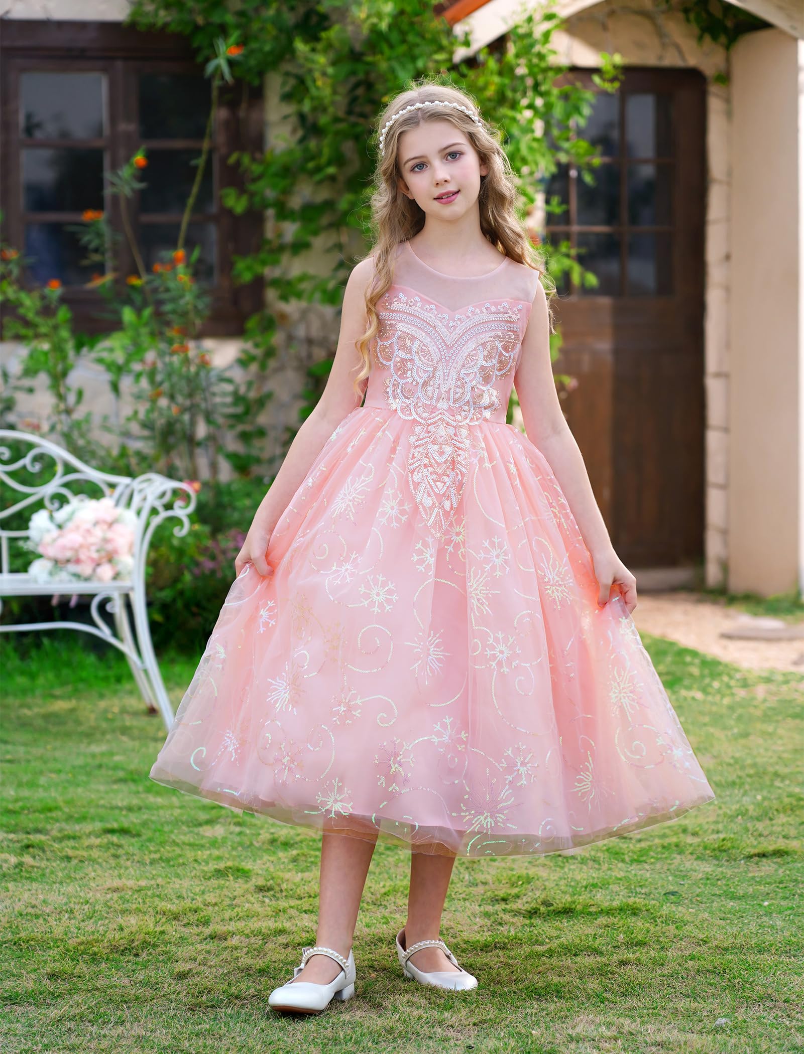 IDOPIP Enfant Fille Les Sequins Broderie Tulle Longue Robe Demoiselle d'honneur Fille Fleur Mariage La Fête Bal Officiel Soirée Anniversaire