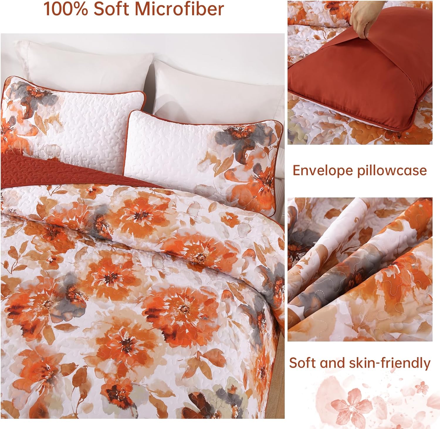 Luxudecor Floral Quilt Set Queen Size - 3 Pieces Orange Watercolor Botanical Bedspread Coverlet Set with 2 Pillowcases, Lightweight Soft Bedding Set for All Seasons 96"x90" - Image 6