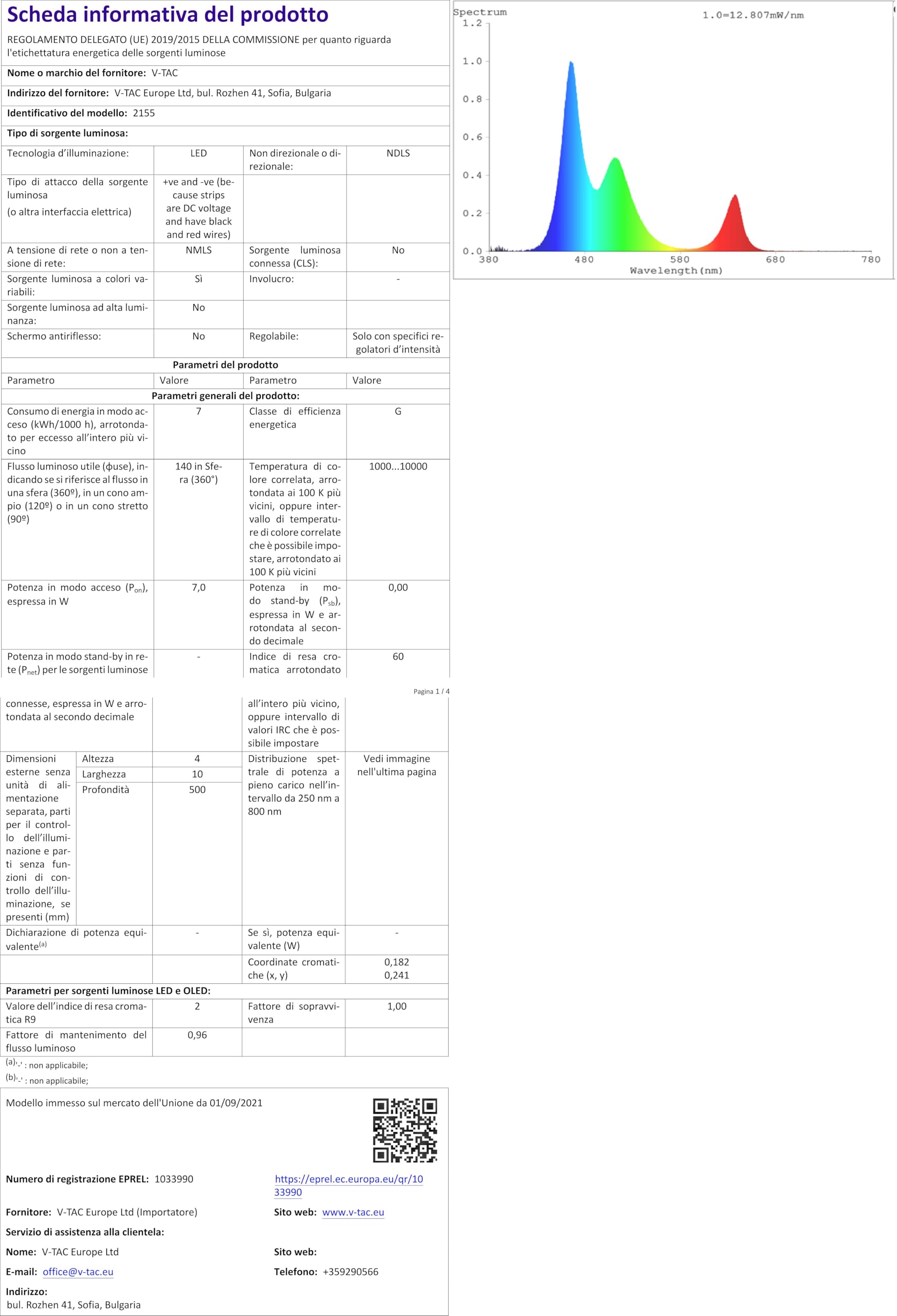 V-Tac Striscia LED 5050 Monocolore 60LED/metro - Bobina da 5