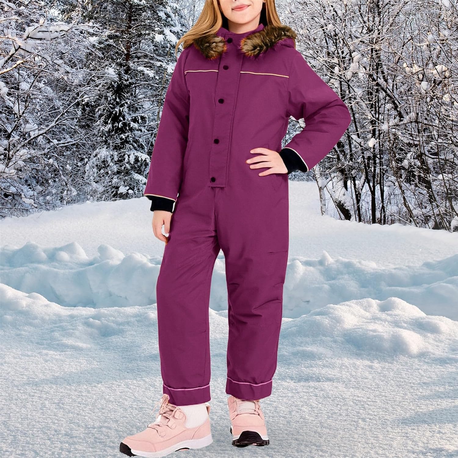 Boys Girls Winter Waterproof Snowsuit Kids Solid Windproof Puffer Jumpsuit One Piece Teen Outdoor Warm Onesie