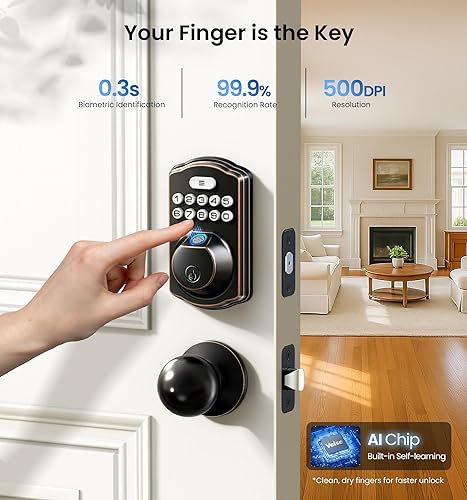 Miniatura 2 de Veise Cerradura de puerta de huellas dactilares con 2 perillas, cerradura de puerta de entrada sin llave con asa, cerrojo de teclado electrónico,