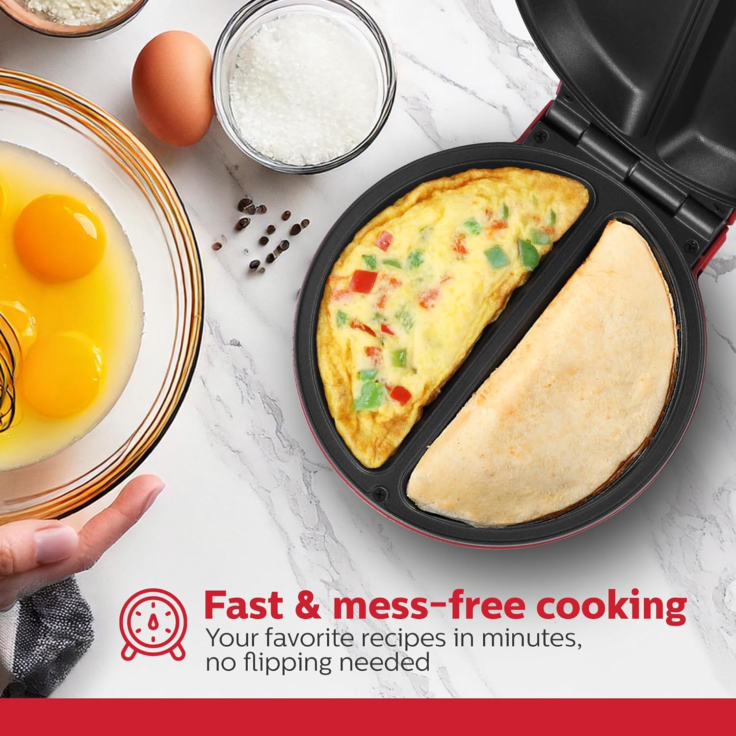 Holstein Housewares Stainless Steel 2 Section Omelet & Frittata Maker, Non Stick Coating, Easy To Clean, Indicator Lights, Compact Storage, Prepare Versatile Recipes in Minutes. 2 Portions, Red
