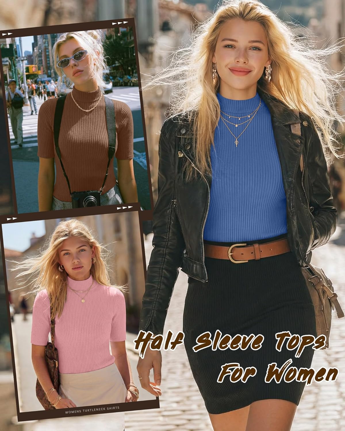 Neer 3 Pack Women's Half Sleeve T-Shirts, Mock Turtleneck Elbow Length Tee Ribbed Slim Fit Casual Summer Tunic Tops - Image 3