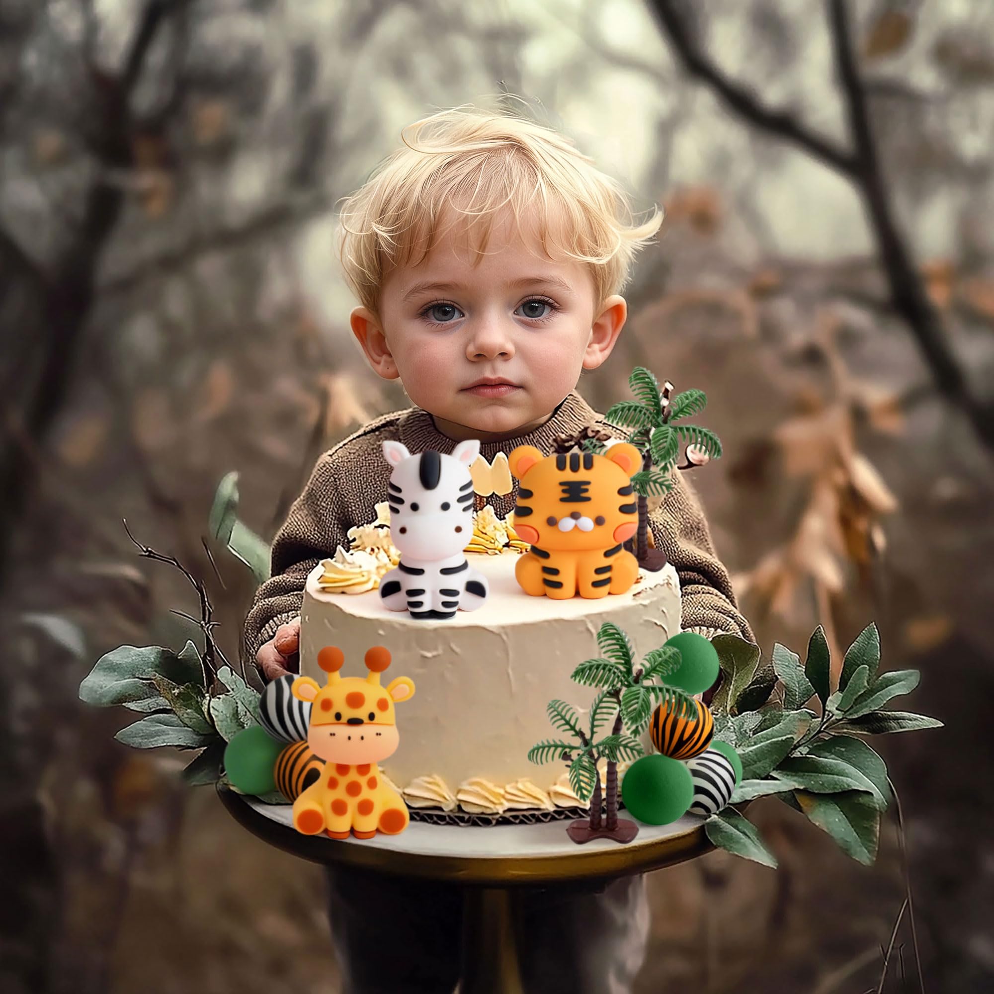 JeVenis Safari Baby Shower Cake Decoration: 3 x Jungle Animal Cake Toppers, 2 x Trees, 9 x Balls - Image 3