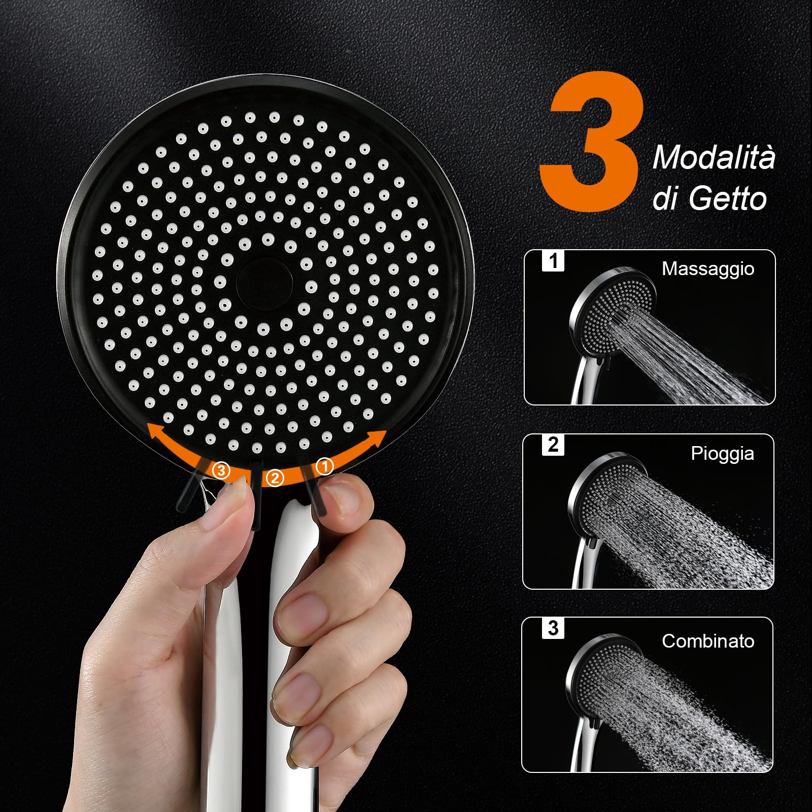 GRIFEMA Soffione Doccia Alta Pressione – 3 Modalità di Spruzzo, 216 Ugelli in Silicone Anticalcare, Design Leggero, Finitura Cromata, Universale e Facile da Installare, G807