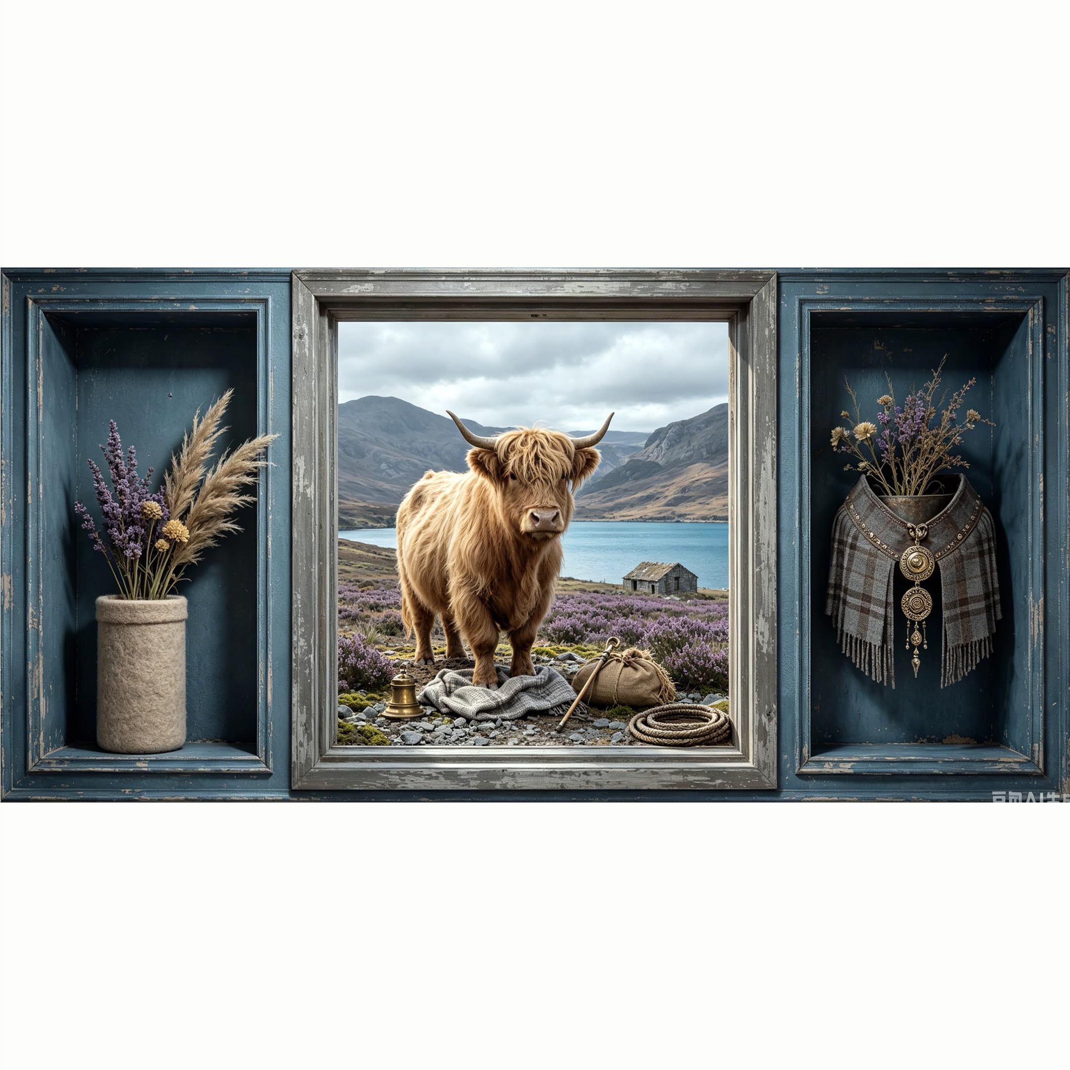 QZLITHOTIC 50x100cm 3D Framed Wall Art， Highland Cow Mountain Lake Landscape Farmhouse Style Self‑Adhesive Mural， Water‑Activated Peel & Stick Fabric Decor Wall Decal for Bedroom Living Room