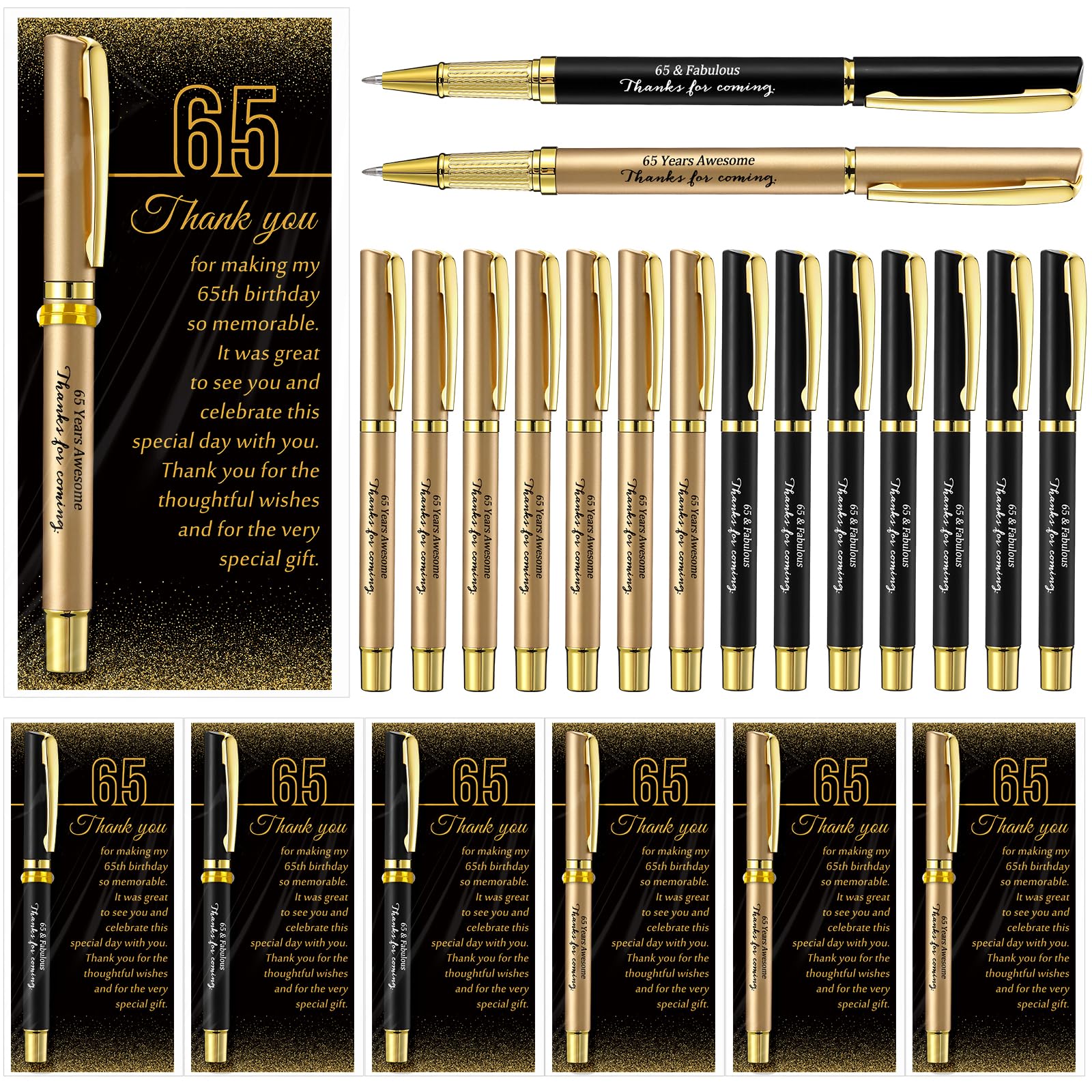 Feifeiya 50 Set 65th Birthday Party Favor for Guest Anniversary Party Favor with Black and Gold Ballpoint Pens and Thank You Cards for Women Men Birthday Anniversary Appreciation Gifts
